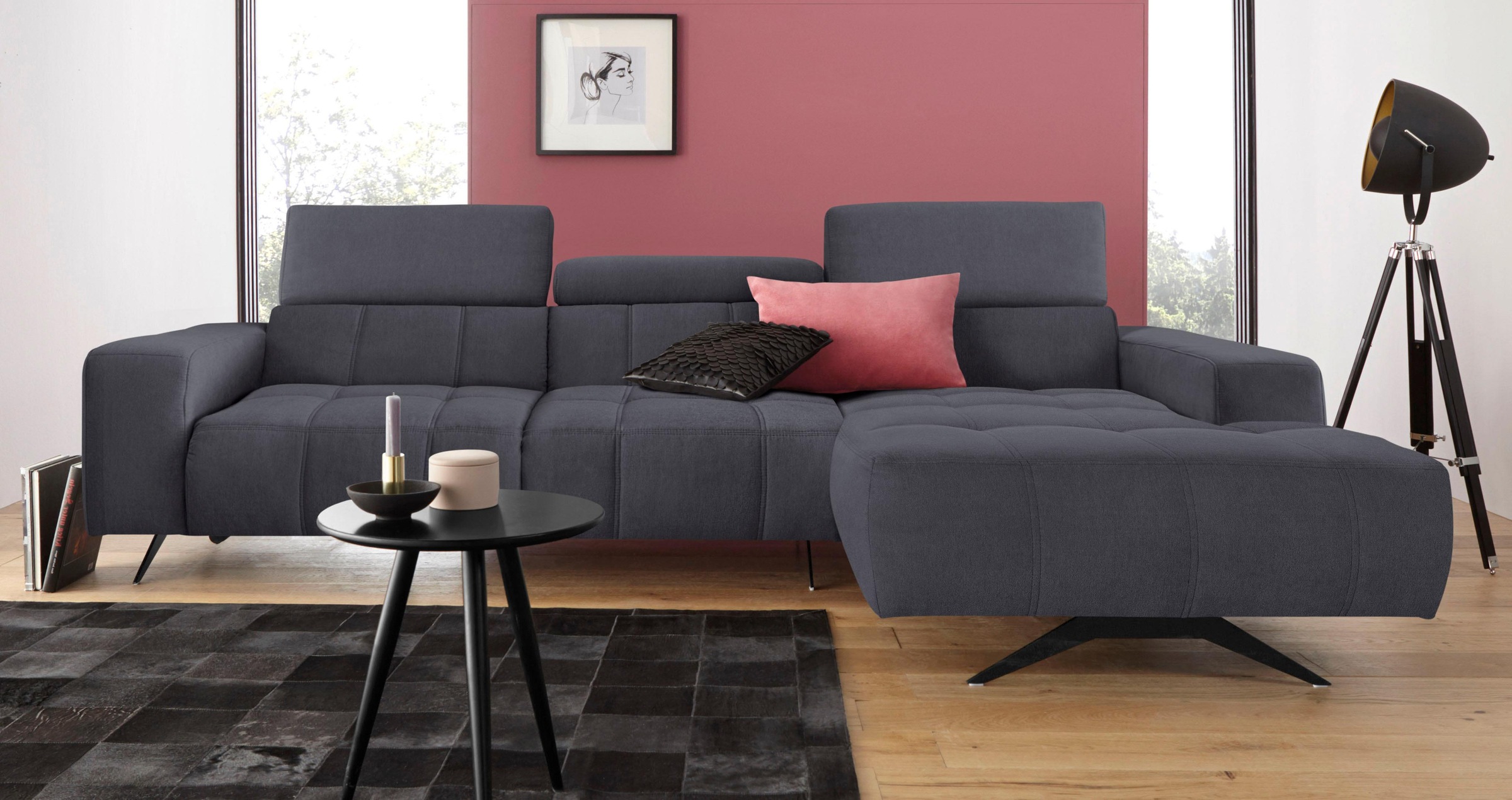 DOMO collection Ecksofa »Trento L-Form, mit Kufenfuß oder Einzelfuß«, wahlweise mit Kopfteilverstellung, Recamiere links/rechts bestellbar