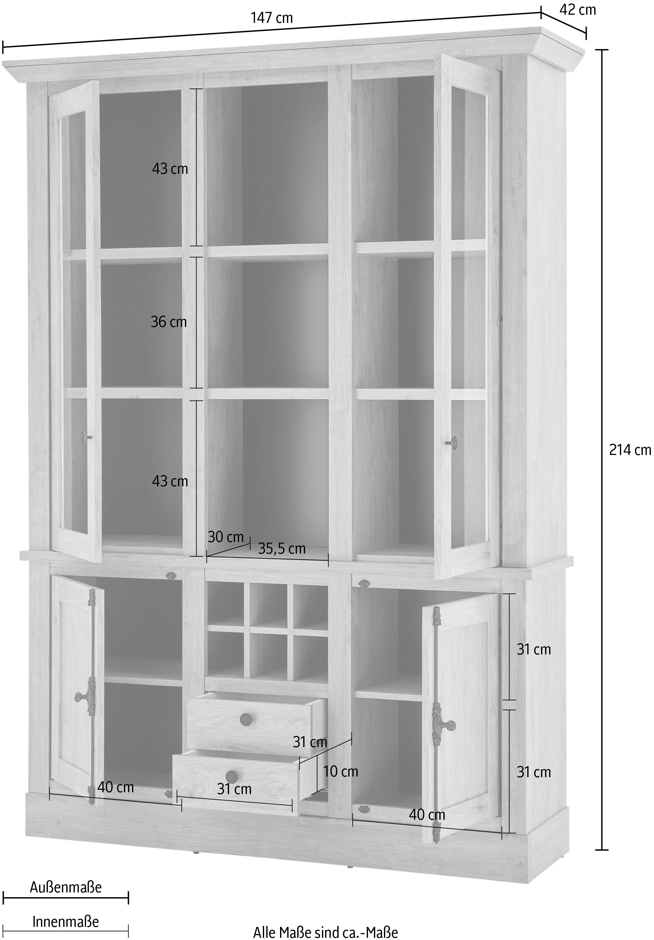 Home affaire Vitrine »Cornwall, Hochschrank im Landhausstil, Glasvitrine, Eiche Dekor«, (1 St.), Metallgriffe, 147 cm breit, viel Stauraum, in zwei Größen verfügbar