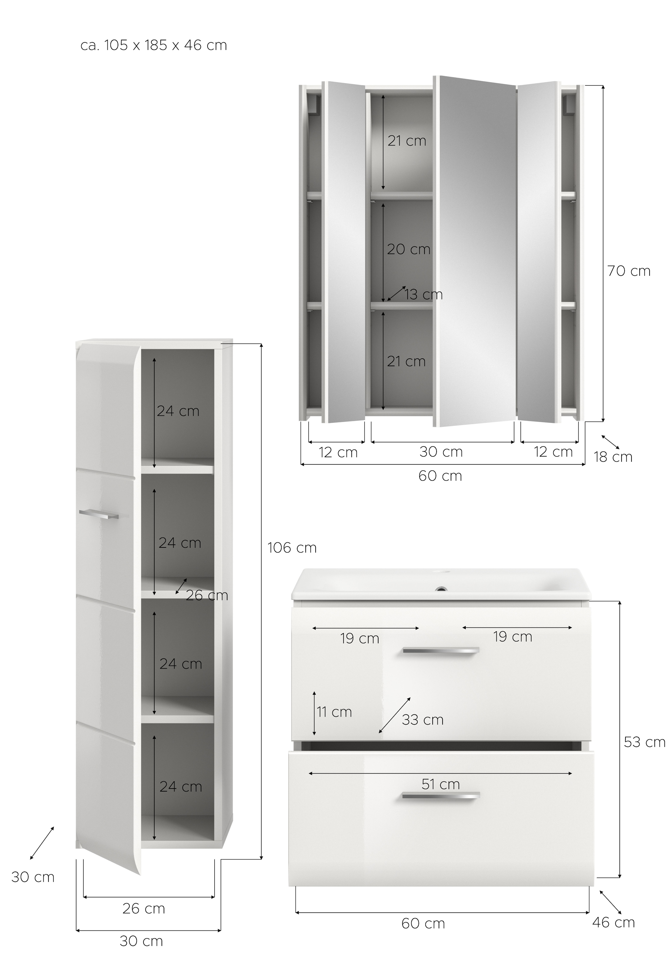 INOSIGN Badezimmer-Set, (Set, 4 St.), Florenz, Badkombination 4-tlg.,Weiß hochglanz, inkl. Waschbecken