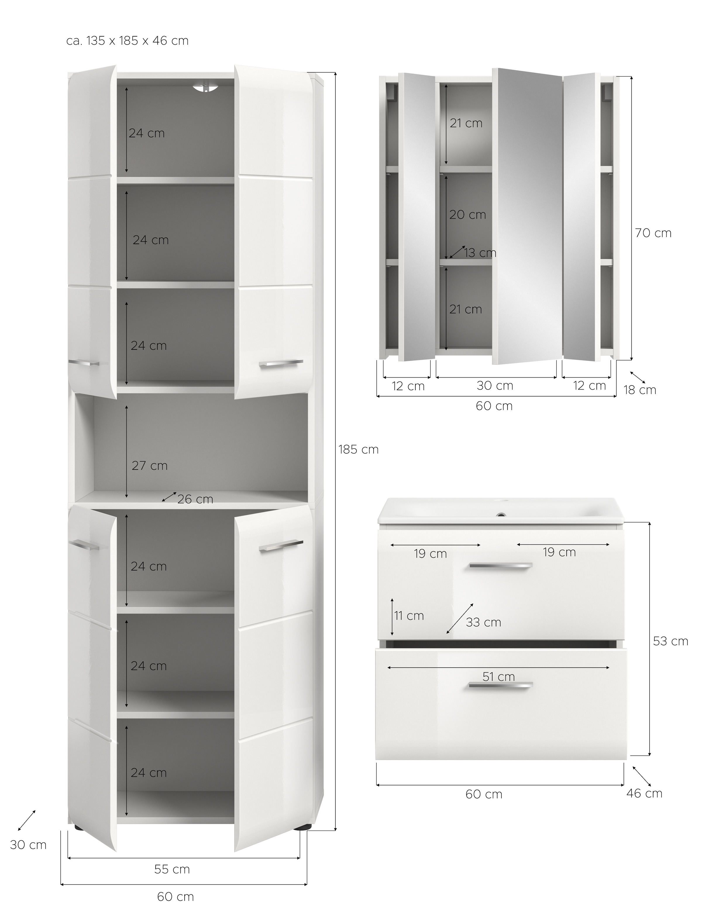 INOSIGN Badezimmer-Set, (Set, 4 St.), Florenz, Badkombination 4-tlg.,Weiß hochglanz, inkl. Waschbecken