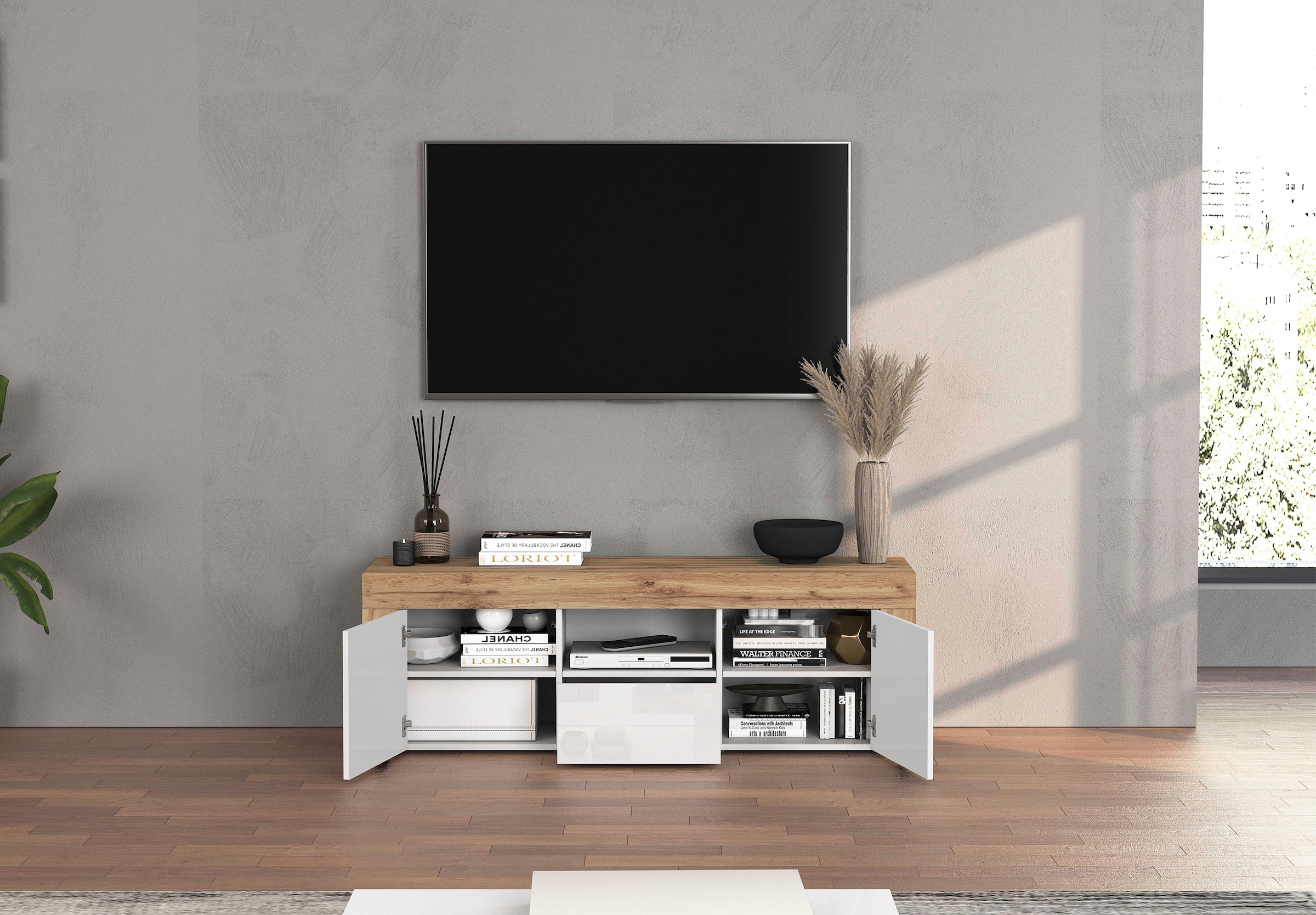 INOSIGN Lowboard »CHRONOS Breite 155 cm mit 2 Türen, 1 Schublade,1 offenes Fach«, (1 St.), TV-Board, Sideboard niedrig, Grifflos mit Push to Open 'Made in Italy'