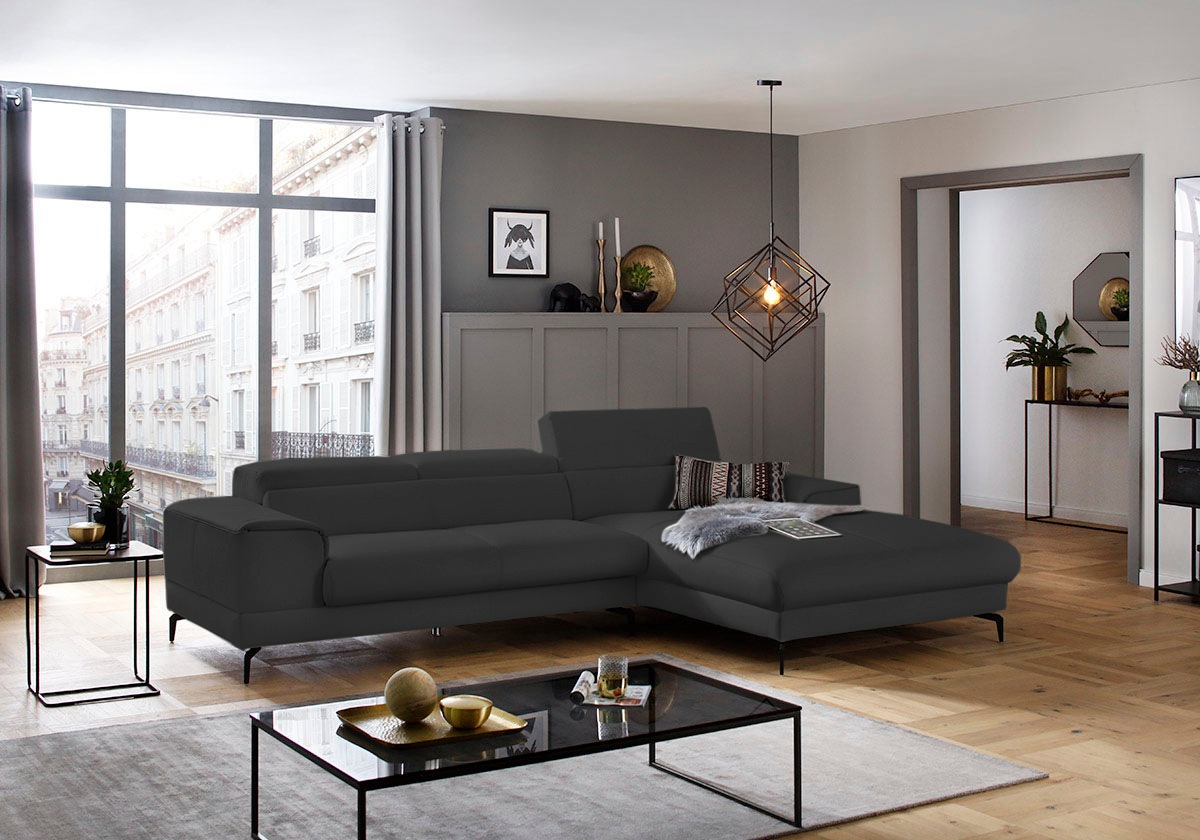 Ecksofa W.SCHILLIG "piedroo, Designsofa mit tollem Sitzkomfort, L-Form", grau (graphit z59), B:303cm H:70cm T:193cm, Longlife Xtra-Leder Z59: Glattleder mit modischer Prägung. Hautstärke 0, 9 - 1, 1 mm, Sofas, Ecksofa, Kopfteilverstellung, wahlweise mit S