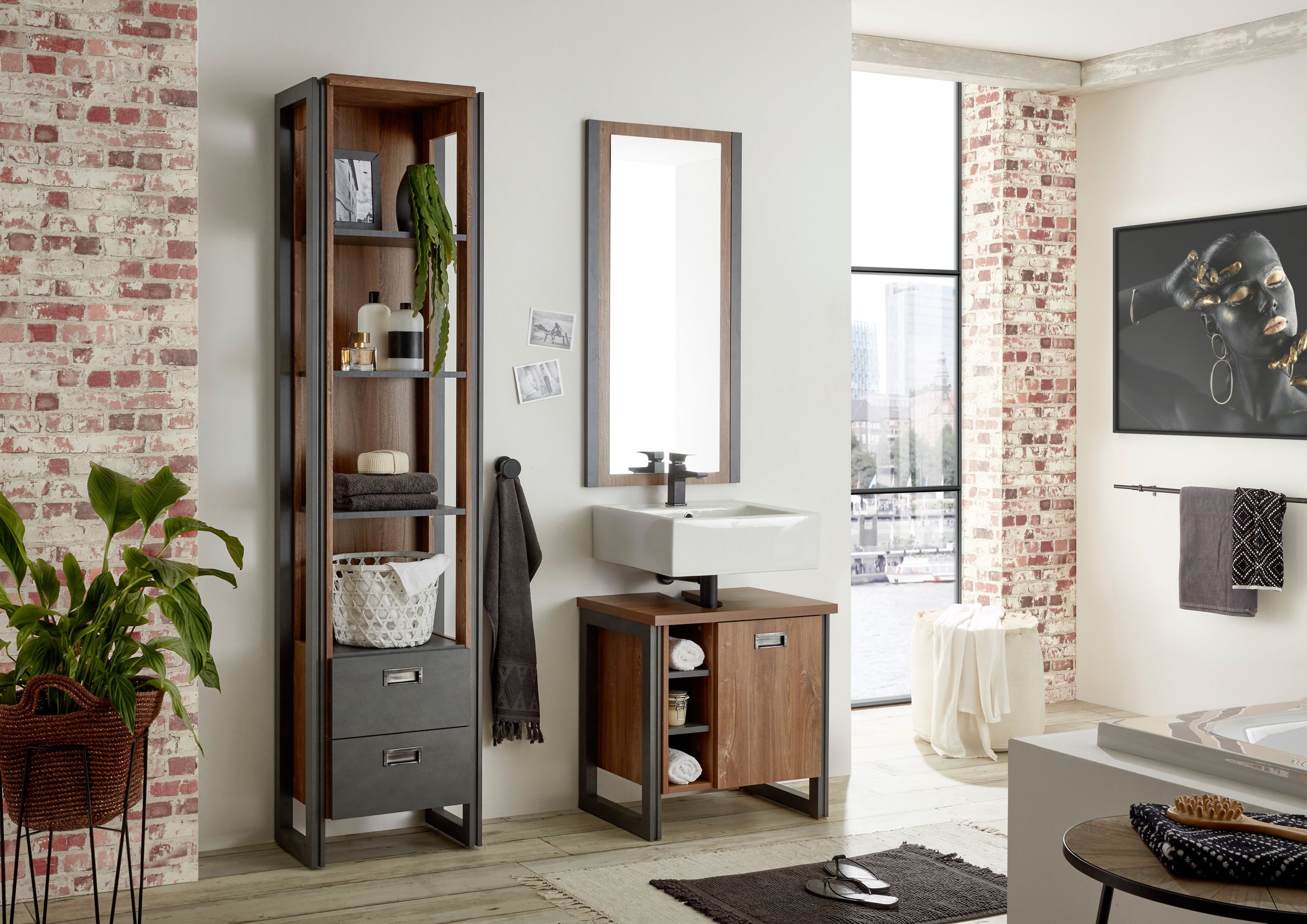Home affaire Waschbeckenunterschrank »Detroit, Waschtisch mit Apothekergriff, Badschrank im Industrialdesign«, Eiche Dekor, mit offenen Fächern & Stauraum, Breite 61 cm