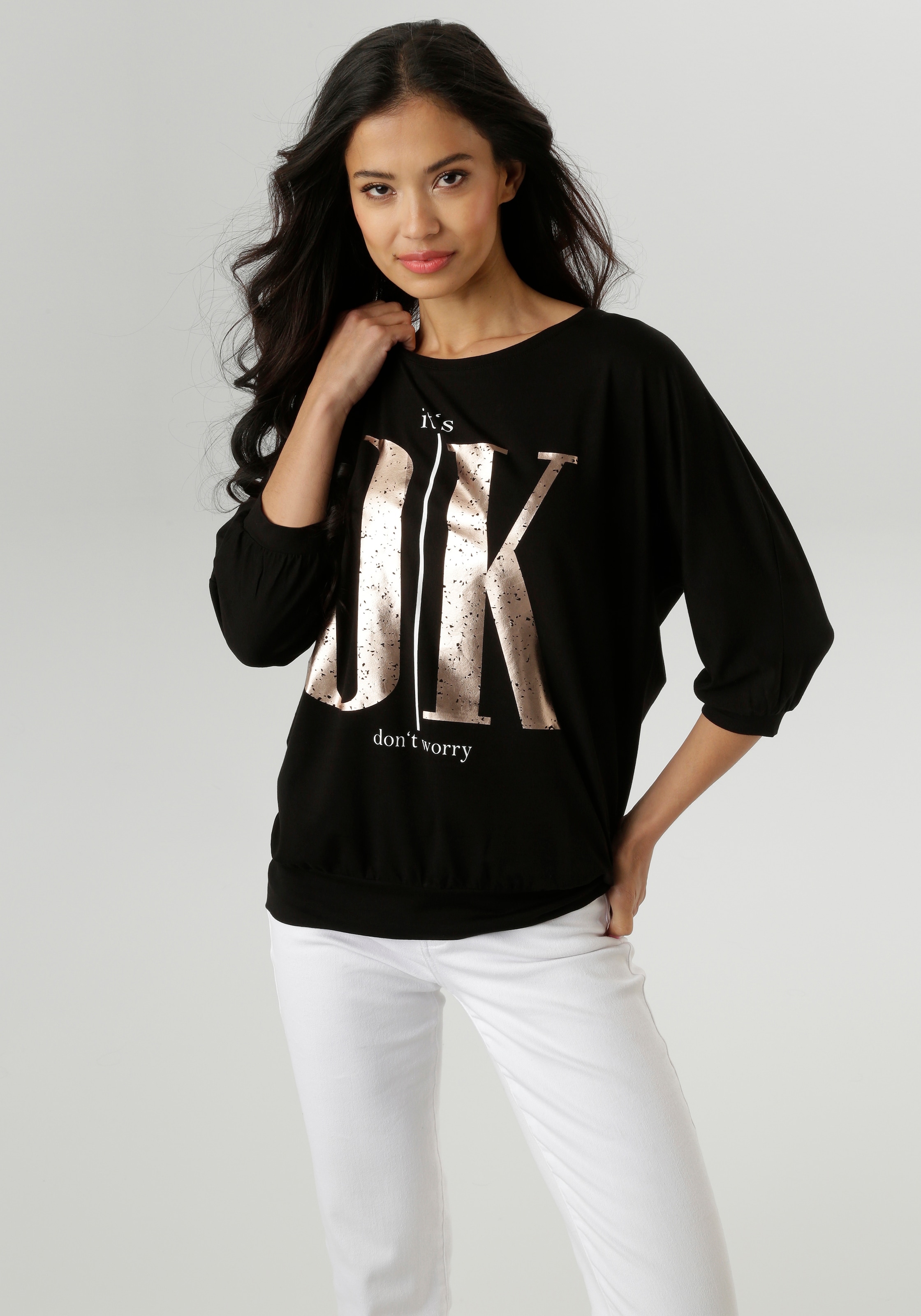 Aniston SELECTED 3/4-Arm-Shirt, mit weißen und goldfarbigen Statements - NE günstig online kaufen