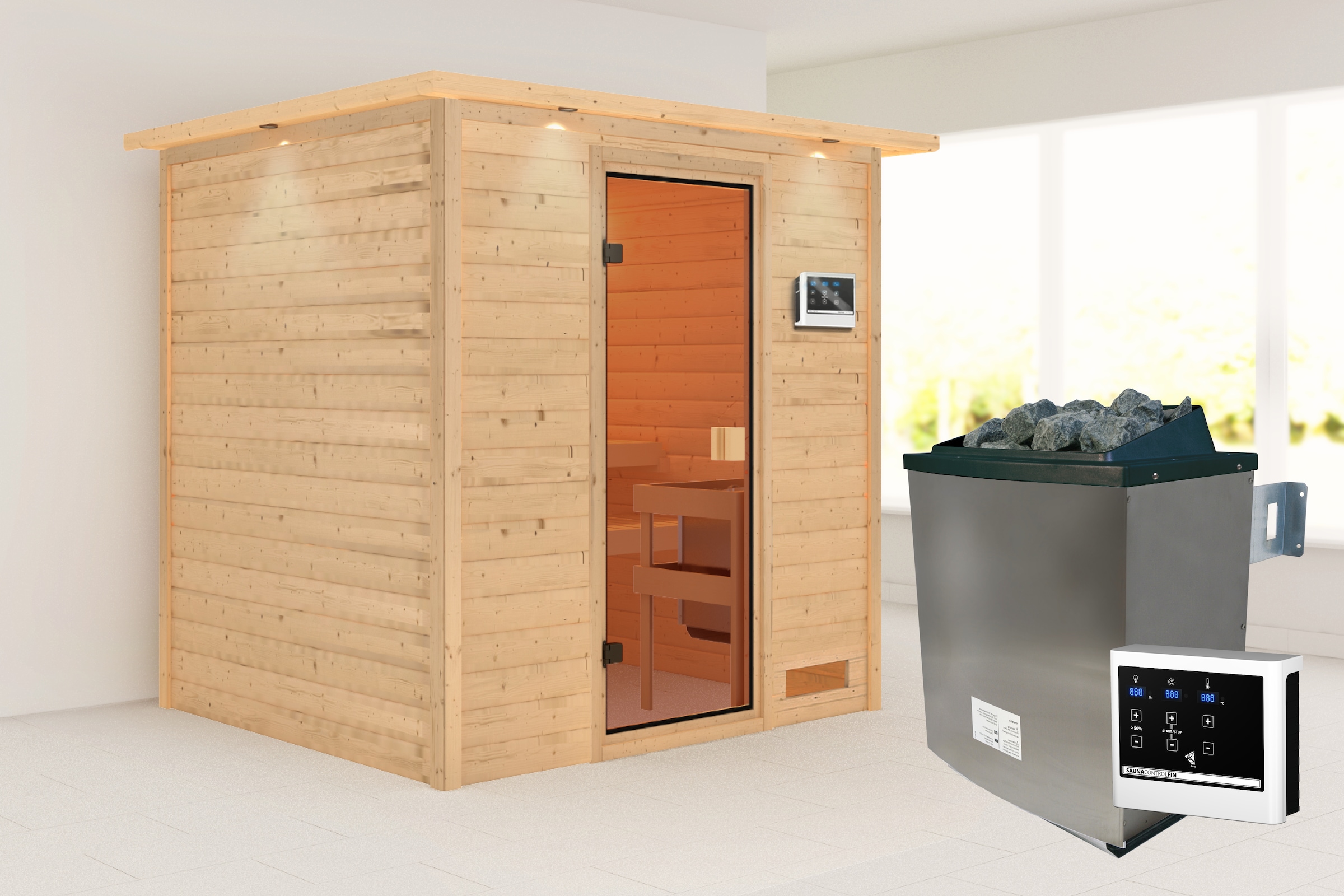 KARIBU Sauna ""Ricky" mit bronzierter Tür und Kranz, naturbelassen", Saunaofen, externe Steuerung, 400 kW, beige, Saunen, aus hochwertiger nordischer