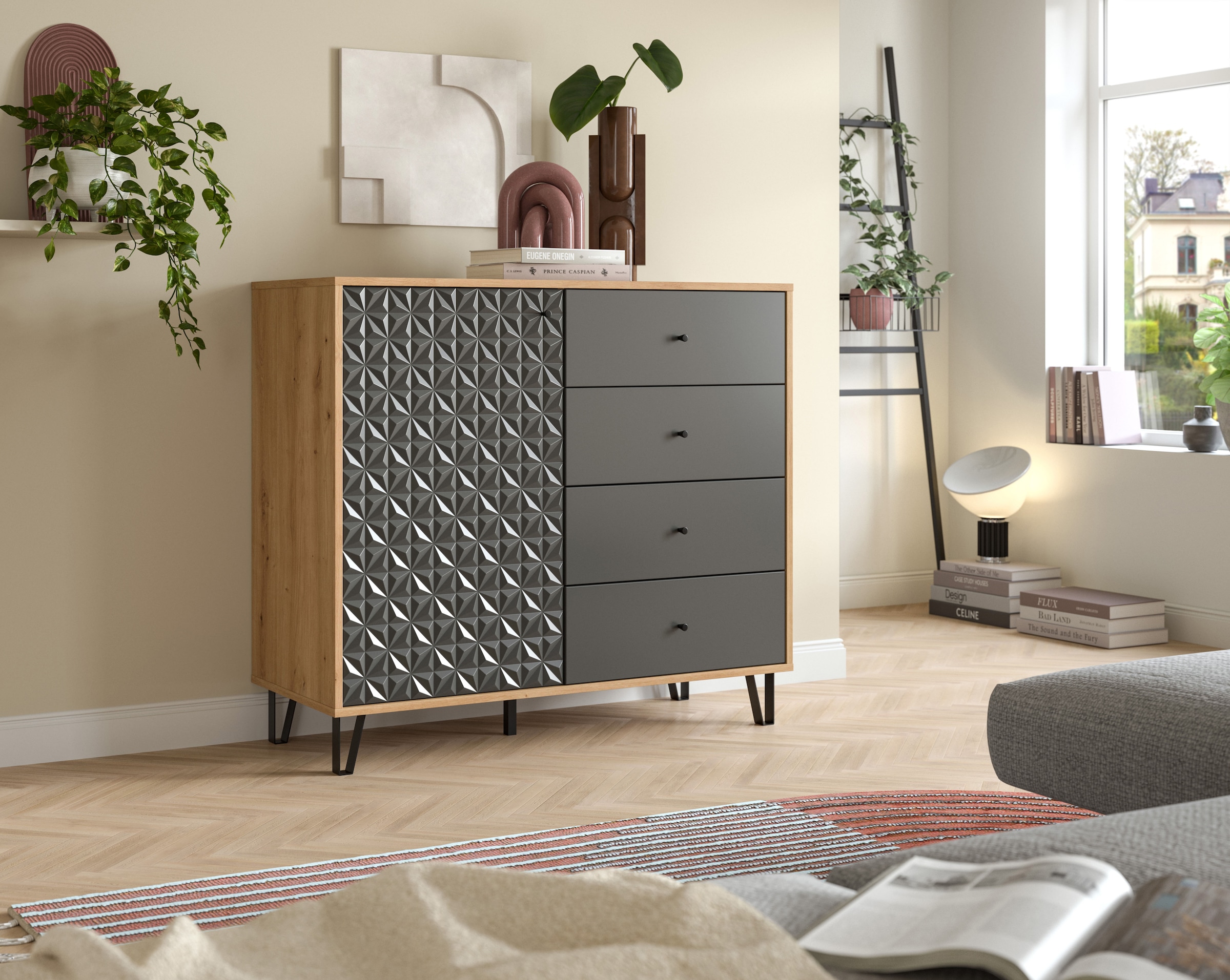 Home affaire Highboard »VICENZA, Breite 110cm, 1 Tür, 2 Einlegeböden, 3 Fächer, 4 Schubkästen« Kommode, Schrank, Anrichte, Board, Wohnzimmerschrank