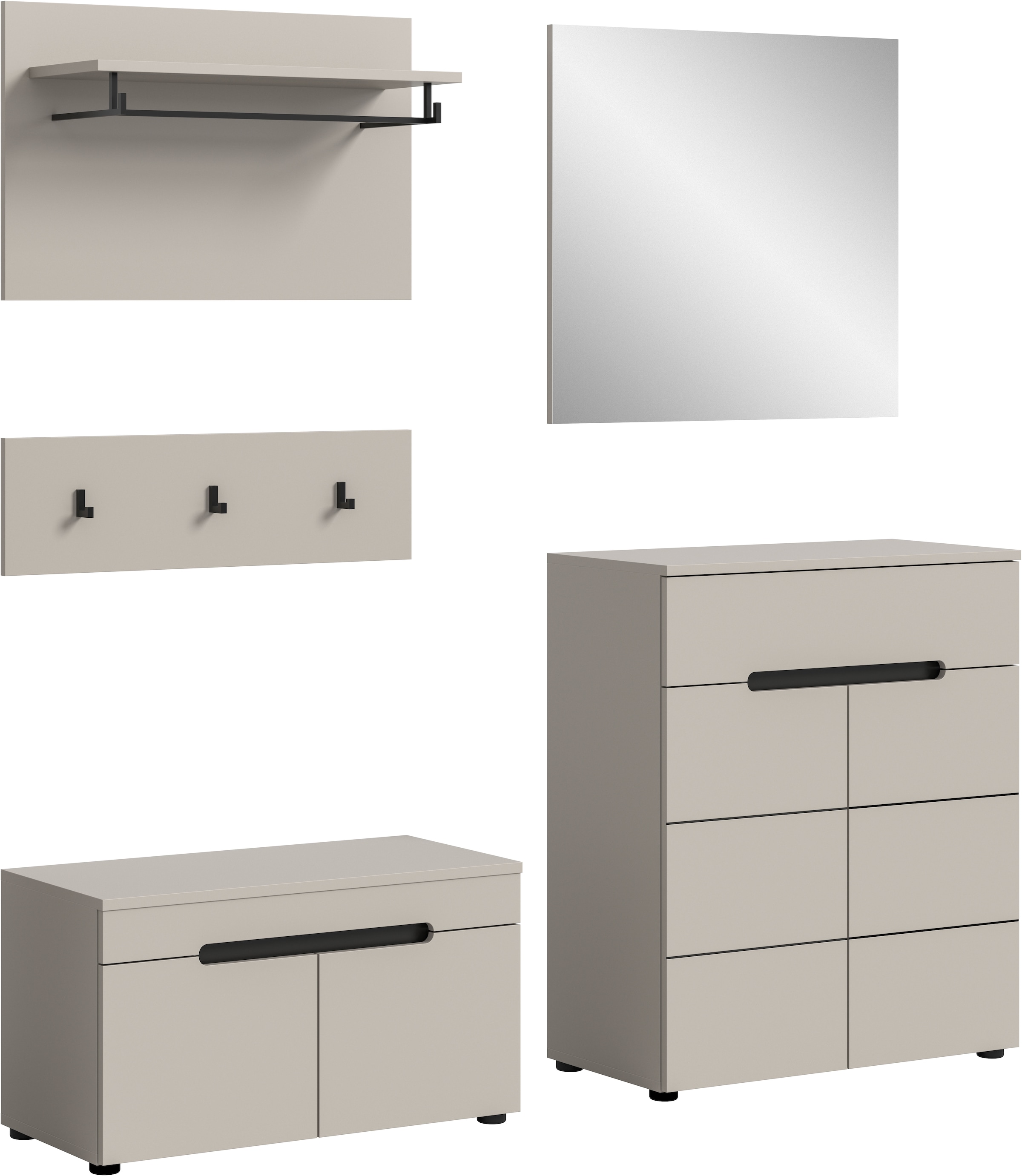 Home affaire Garderoben-Set "REHAT, TOPSELLER, 5-teilig, Breite 175cm, individuell stellbar" Set, bestehend aus: Sitzbank, Paneel, Hakenleiste, Spiegel, Kommode, 4 Stk. tlg.