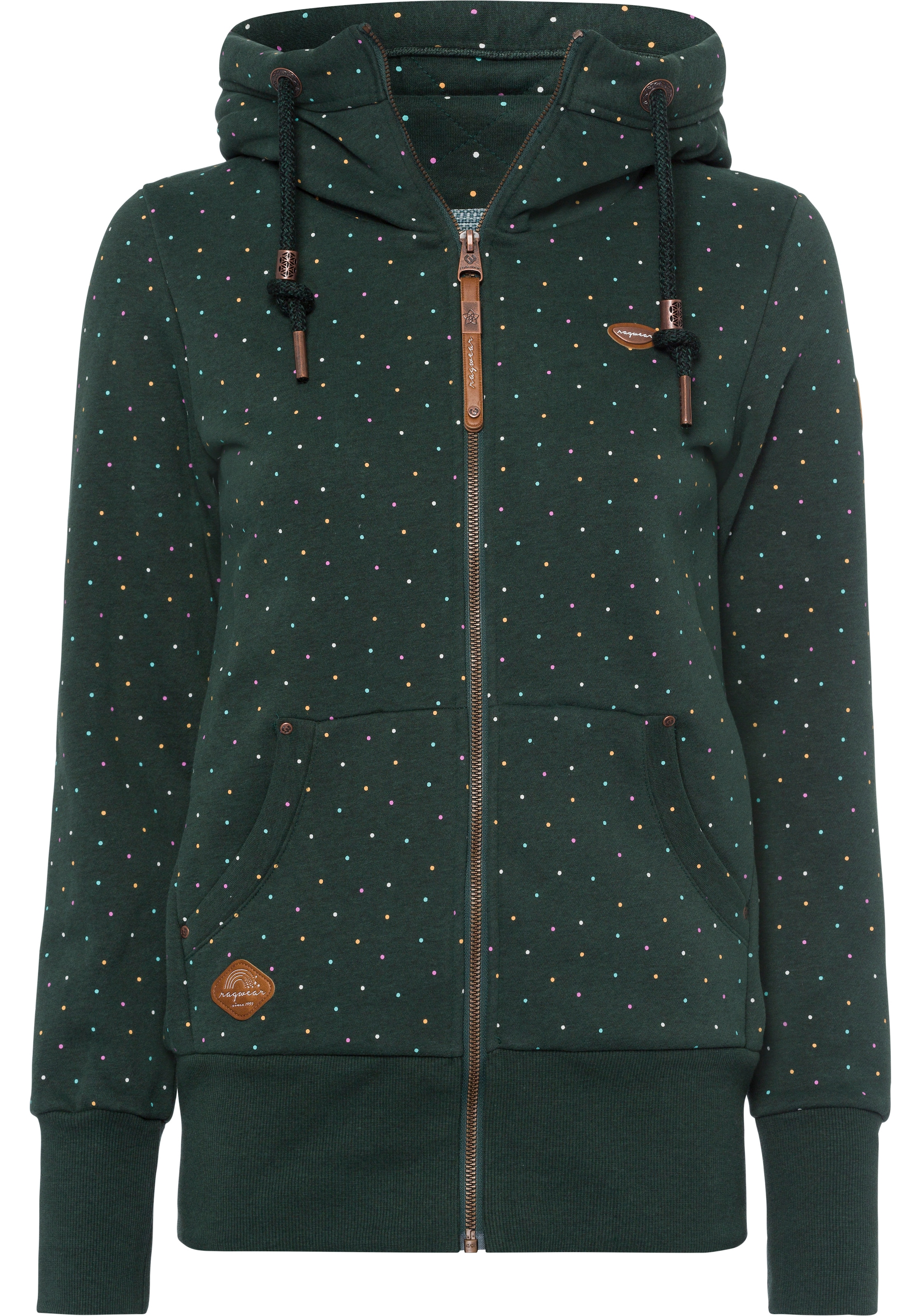 Ragwear Kapuzensweatjacke "NESKA DOTS MULTICOLOR ZIP O" figurbetont mit gepunktetem Allover-Print und großer Kapuze