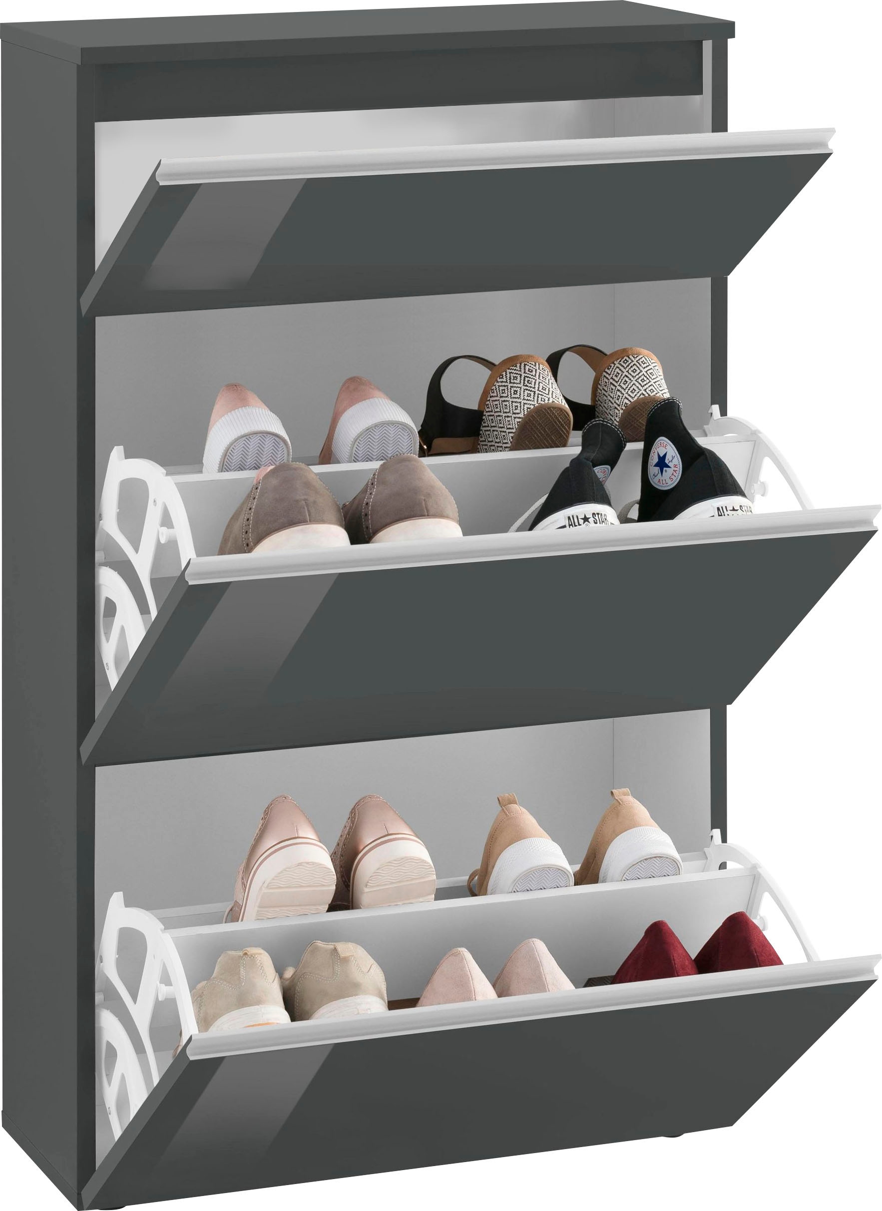 INOSIGN Schuhschrank »Magic Schuhschrank, Schuhkommode, Schuhregal, Schuhkipper, softgriff«, 3 Klappen, Doppelschuhtrommeln komplett Hochglanz lackiert Breite 60cm