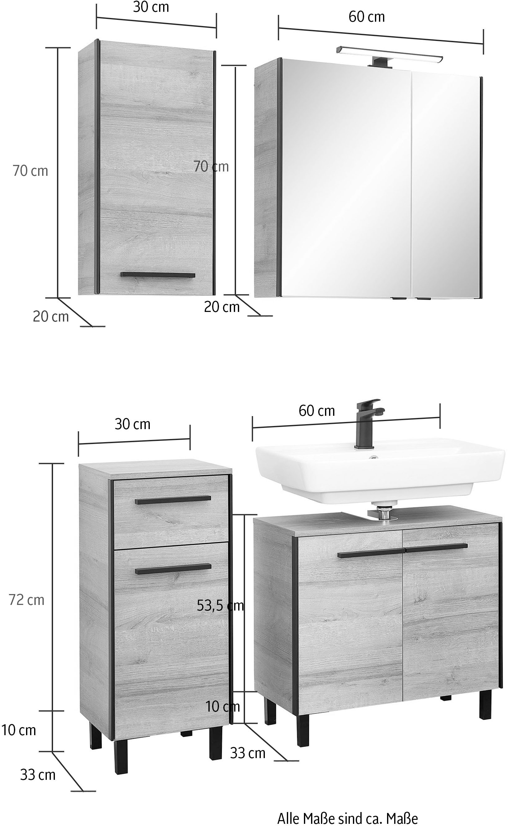 Saphir Badmöbel-Set »Quickset 395 4-teilig, Waschbeckenunterschrank mit LED-Spiegelschrank«, (4 St.), Unterschrank, Hängeschrank inkl. Türdämpfer, 6 Türen, 1 Schublade