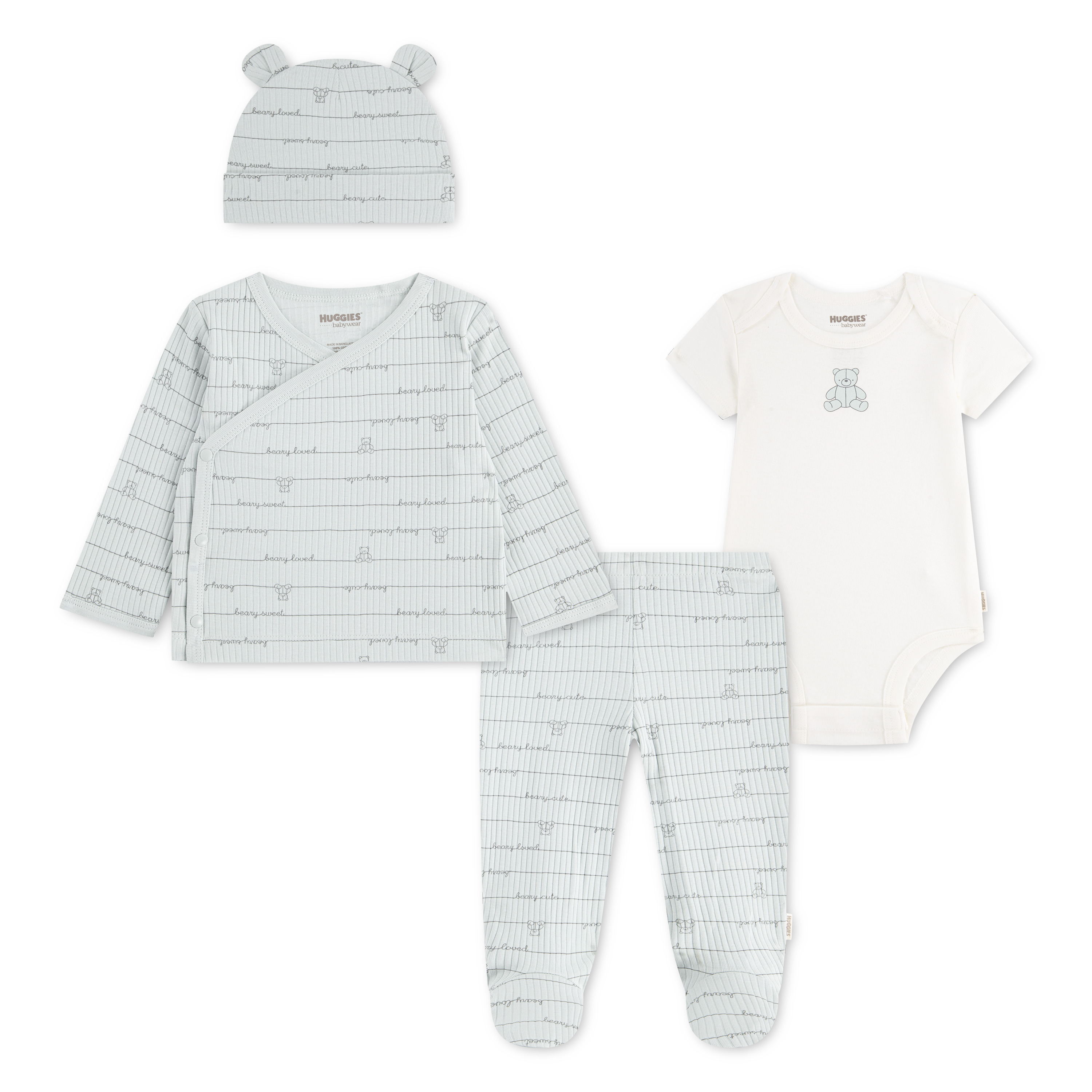 HUGGIES babywear "HUGN 4PC SET" Set, 4 Teile, 4 Mütze-Jäckchen-Body-Hose mit Fuss - Alloverprint