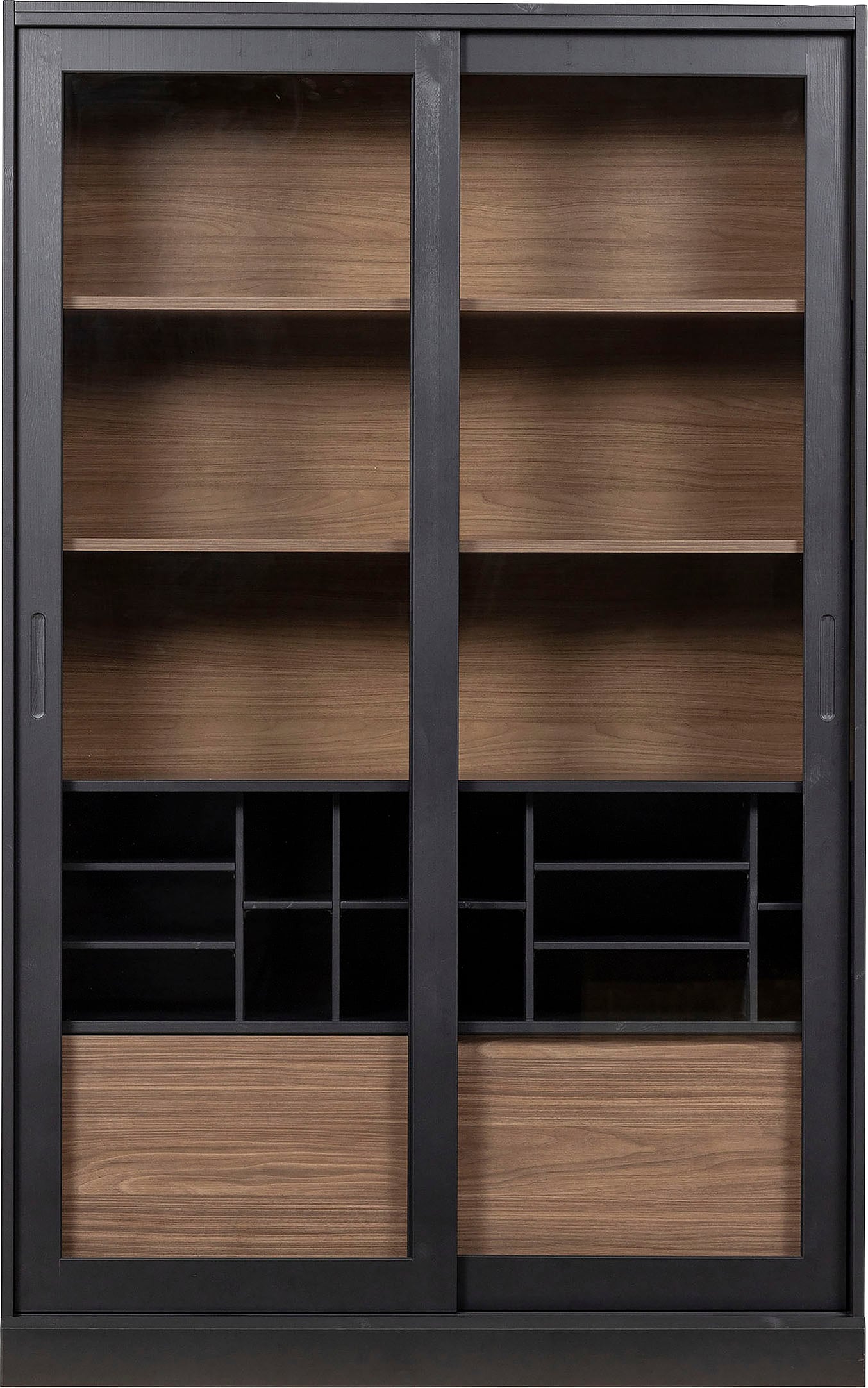 WOOOD Vitrine "James mit FSC Massivkiefer und Glasdekor-Türen B125 x T47 x H200 cm" Tragkraft 15 kg pro Einlegeboden, MDF-Rückwand mit Nussbaumoptik