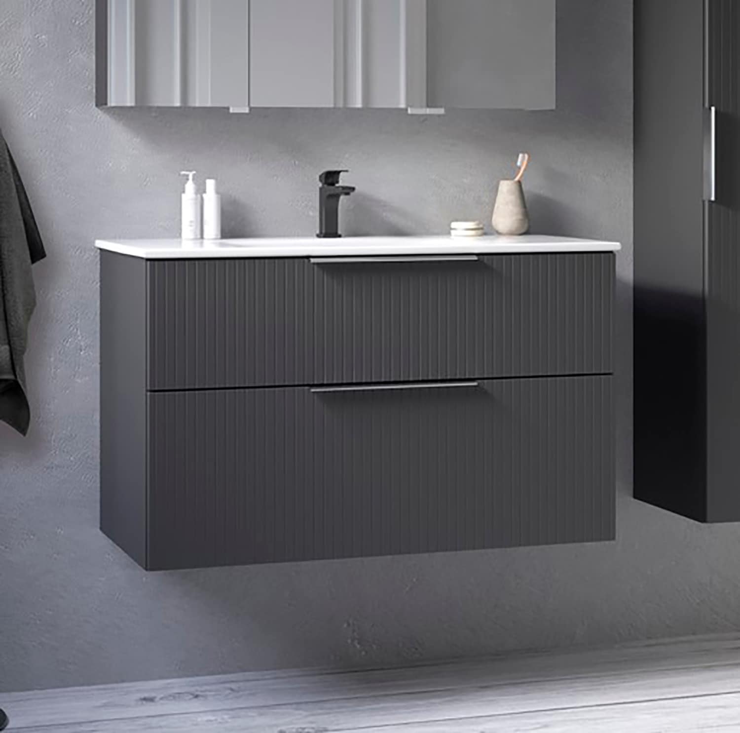 welltime Waschtisch »G-Line«, mit Keramik Waschbecken, Schubladen mit Softclose, trendig geriffelt