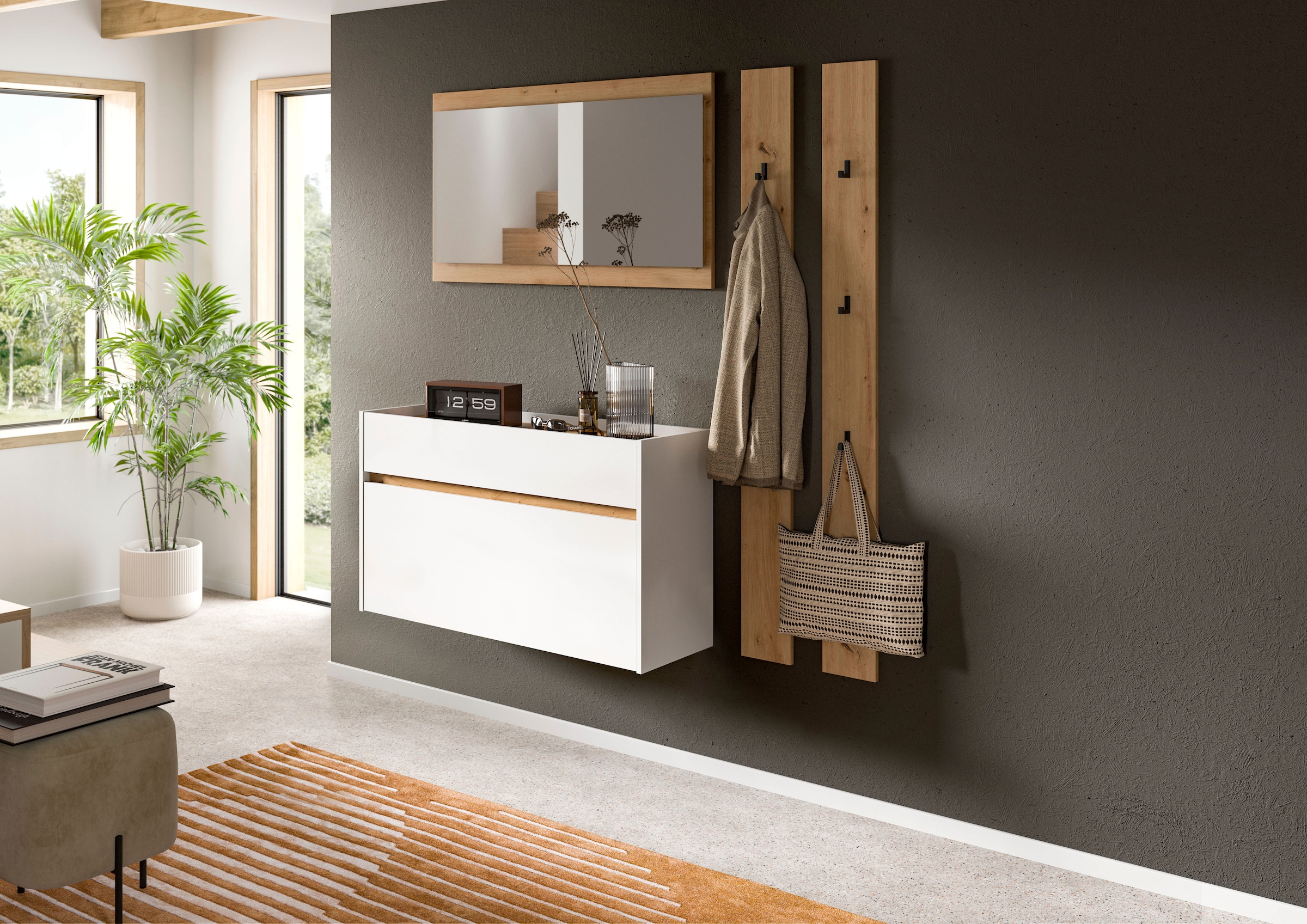 INOSIGN Garderoben-Set »EVRID, 4-teilig, Breite 172 cm, individuell hängbar & erweiterbar« best. aus: Kommode, Spiegel & 2x Hakenleiste, 4 Stk. tlg. Garderobenkombination, Garderobe, Wandgarderobe, Flur, Diele