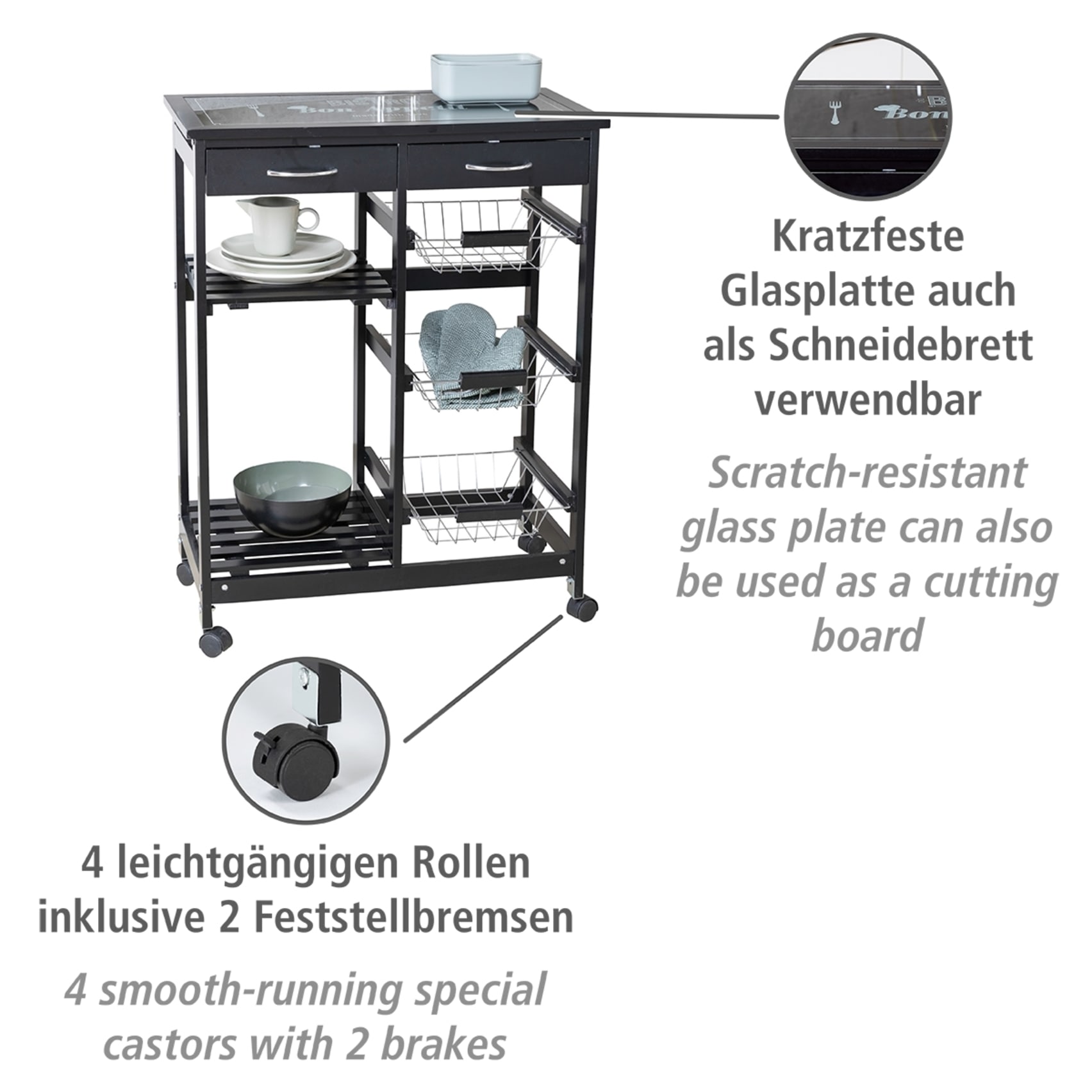 WENKO Servierwagen »Modell Bon Appetit«, Küchenwagen mit 2 Ablagen, 3 Körben und 2 Schubladen