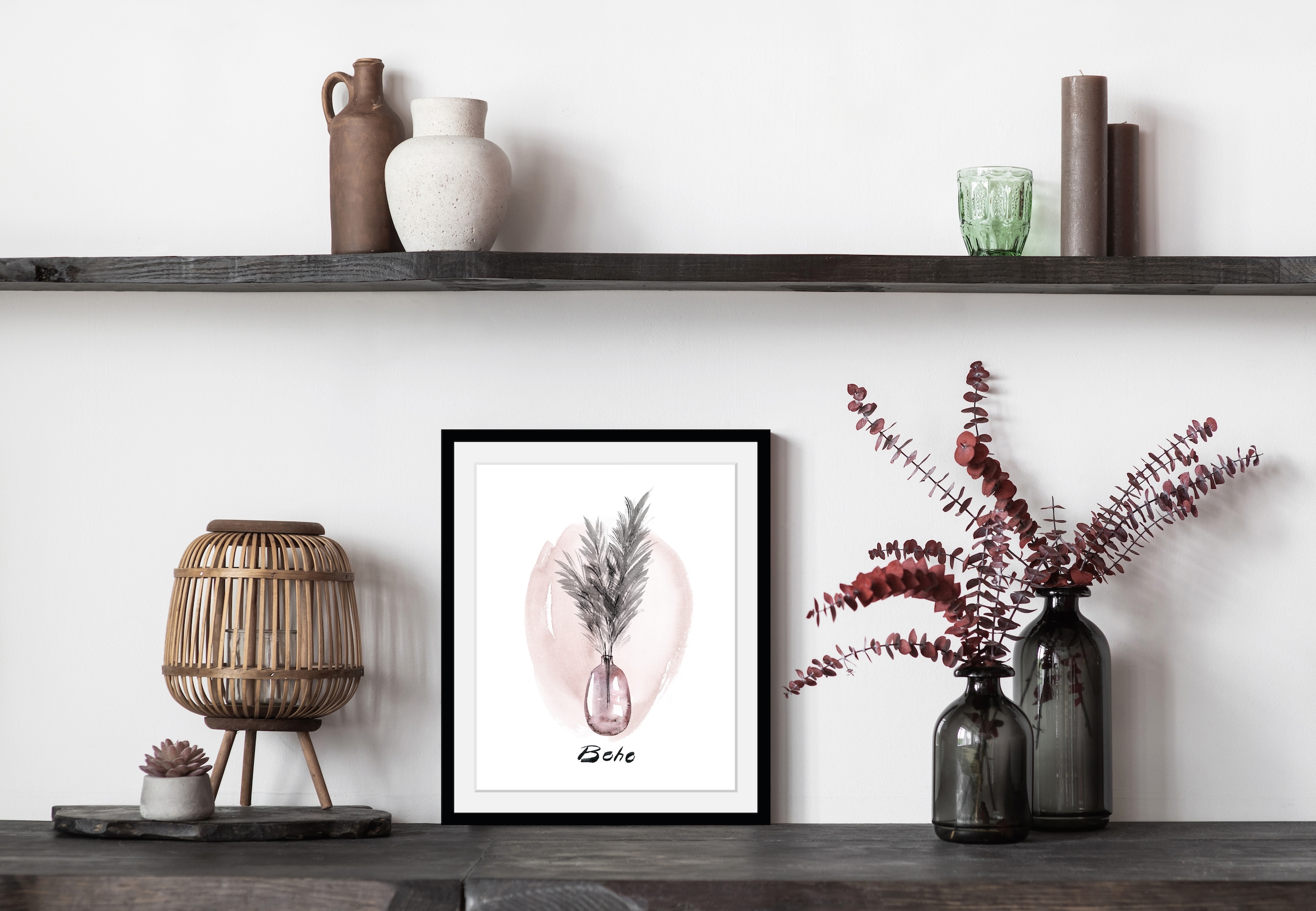 my home Bild mit Rahmen »Pampasgras - Gerahmter Digitaldruck - Wandbild«, Blumen-Blumenbilder-Kunst-Vasen & Töpfe-Gräser, (1 St.), Premium Poster mit Naturholzrahmen, Handarbeit aus Deutschland