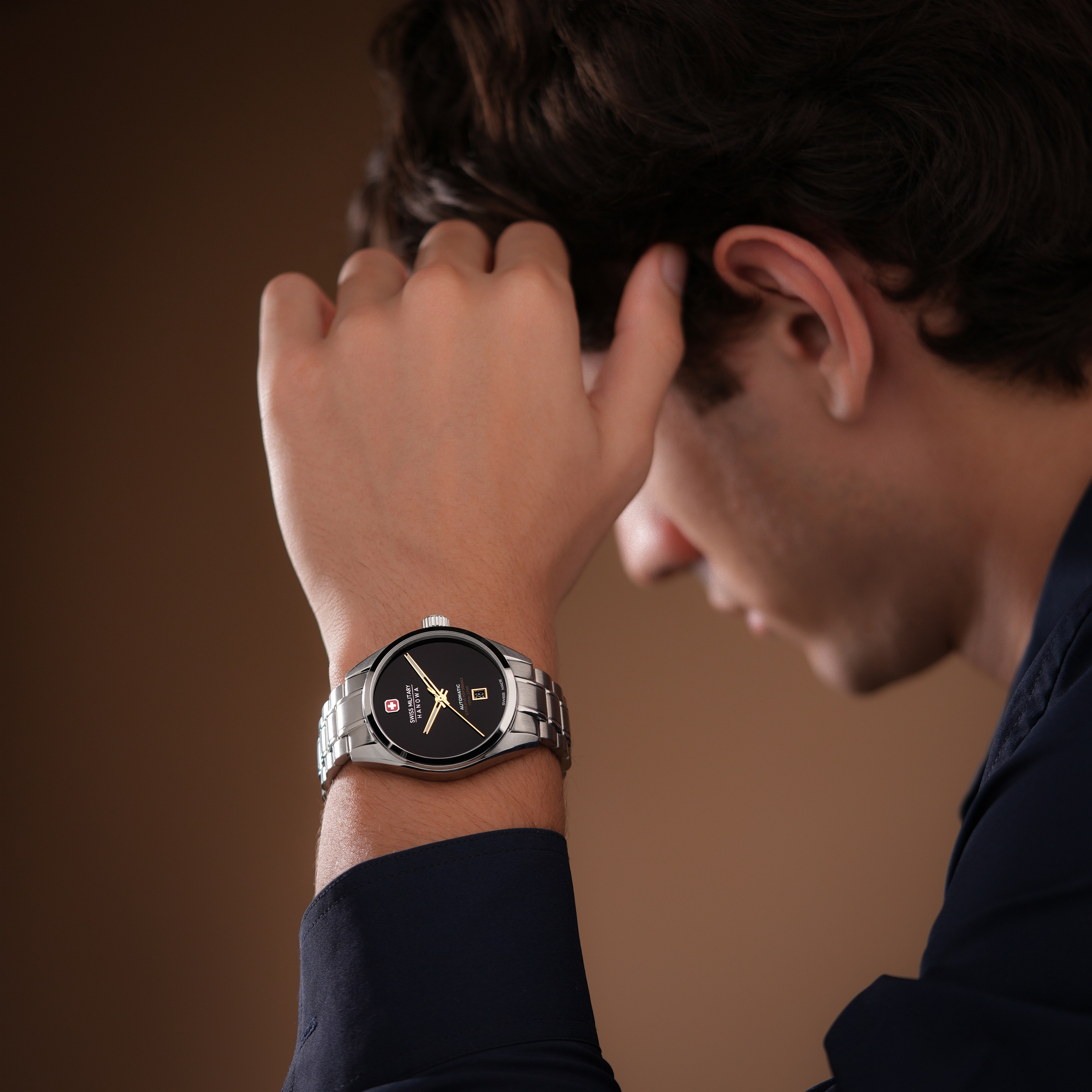 Swiss Military Hanowa Automatikuhr »Majestetic Pioneer Onyx« Armbanduhr, Herrenuhr, Swiss Made, Mechanische Uhr, Edelstahlarmband