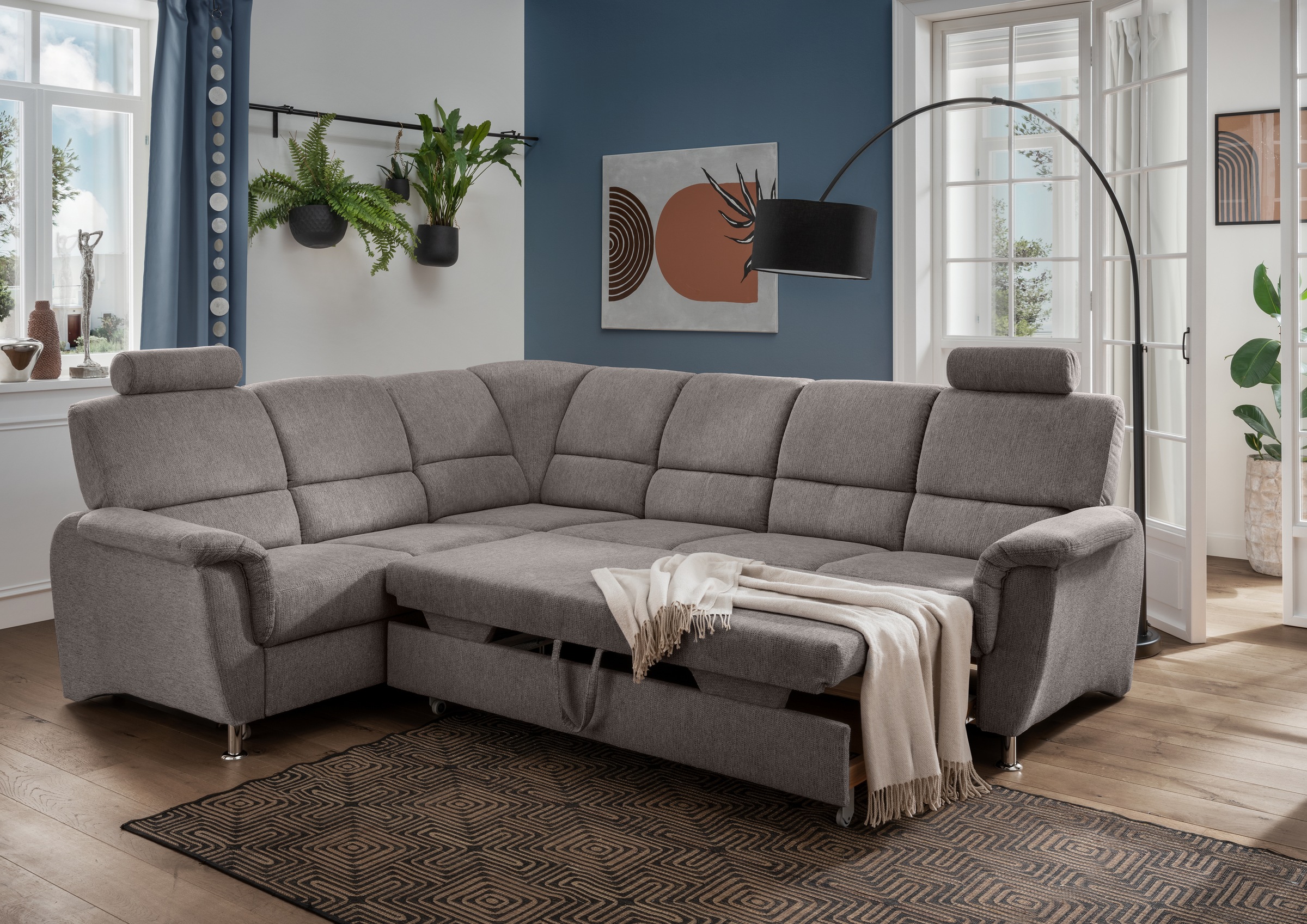 Home affaire Ecksofa »Pisa L-Form, mit Schlaffunktion, Stauraum, 2x höhenverstellbare«, Kopfstützen und Relaxfunktion im Eckelement