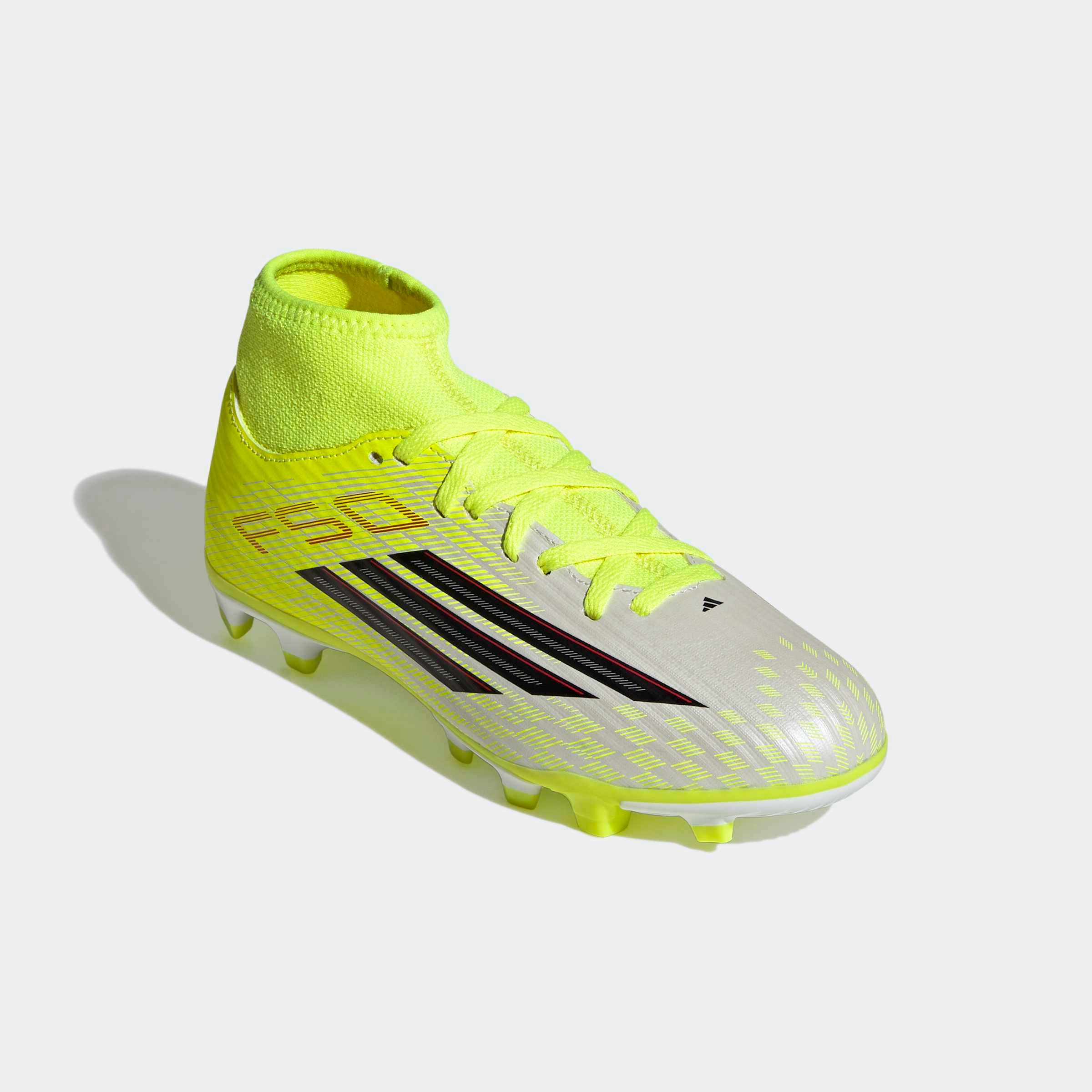 Fußballschuh ADIDAS PERFORMANCE "F50 CLUB MID FIRM GROUND/MULTI GROUND KIDS", Mädchen, Gr. 32, team solar gelb 2, core schwarz, lucid rot, Synthetik, Textil, Schuhe Fußballschuh, für viele verschiedene Böden geeignet, für Kinder & Jugendliche