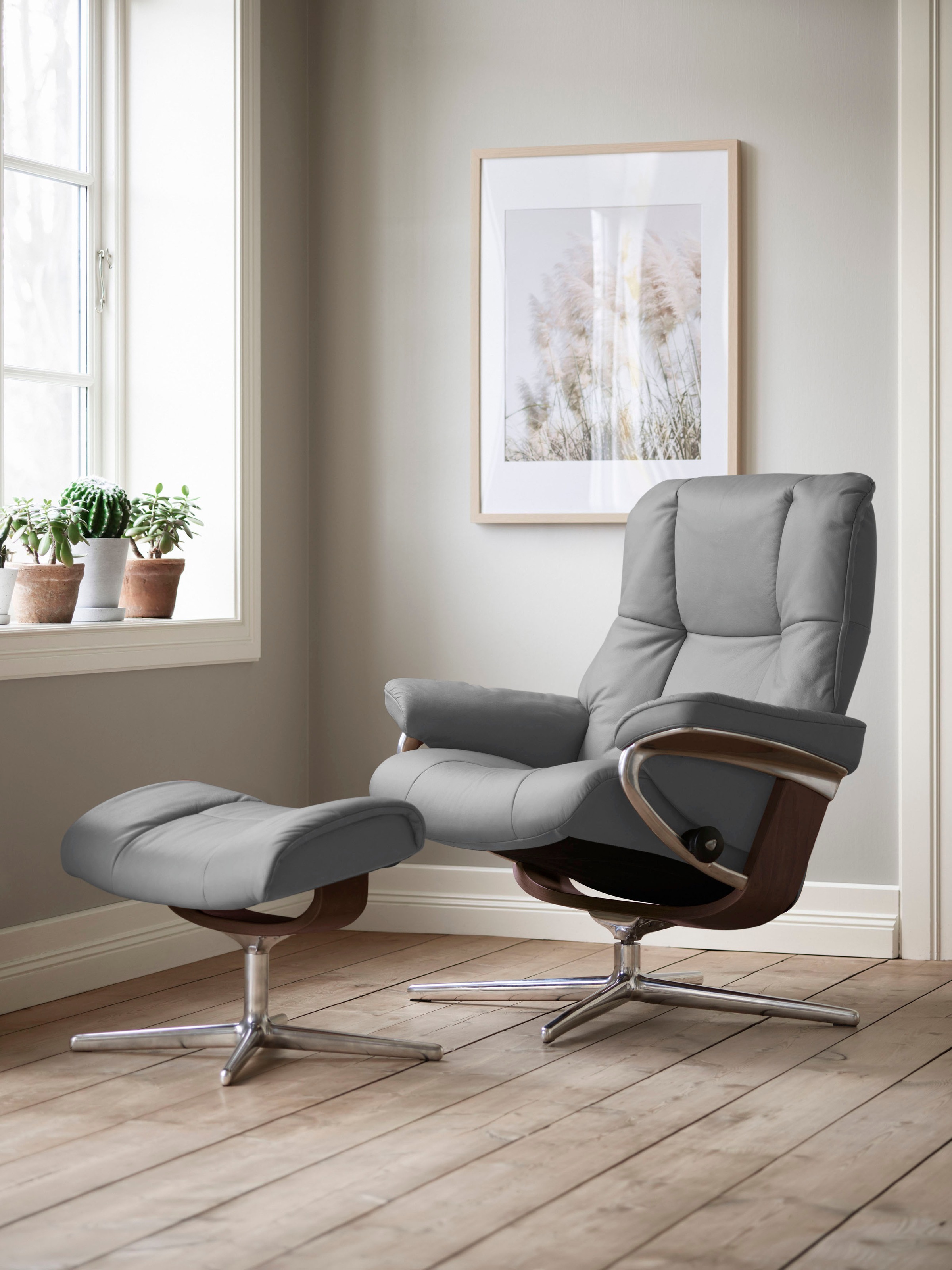 Stressless Relaxsessel "Mayfair" Set, Relaxsessel mit Hocker, mit Hocker, mit Cross Base, Größe S, M & L, Holzakzent Braun
