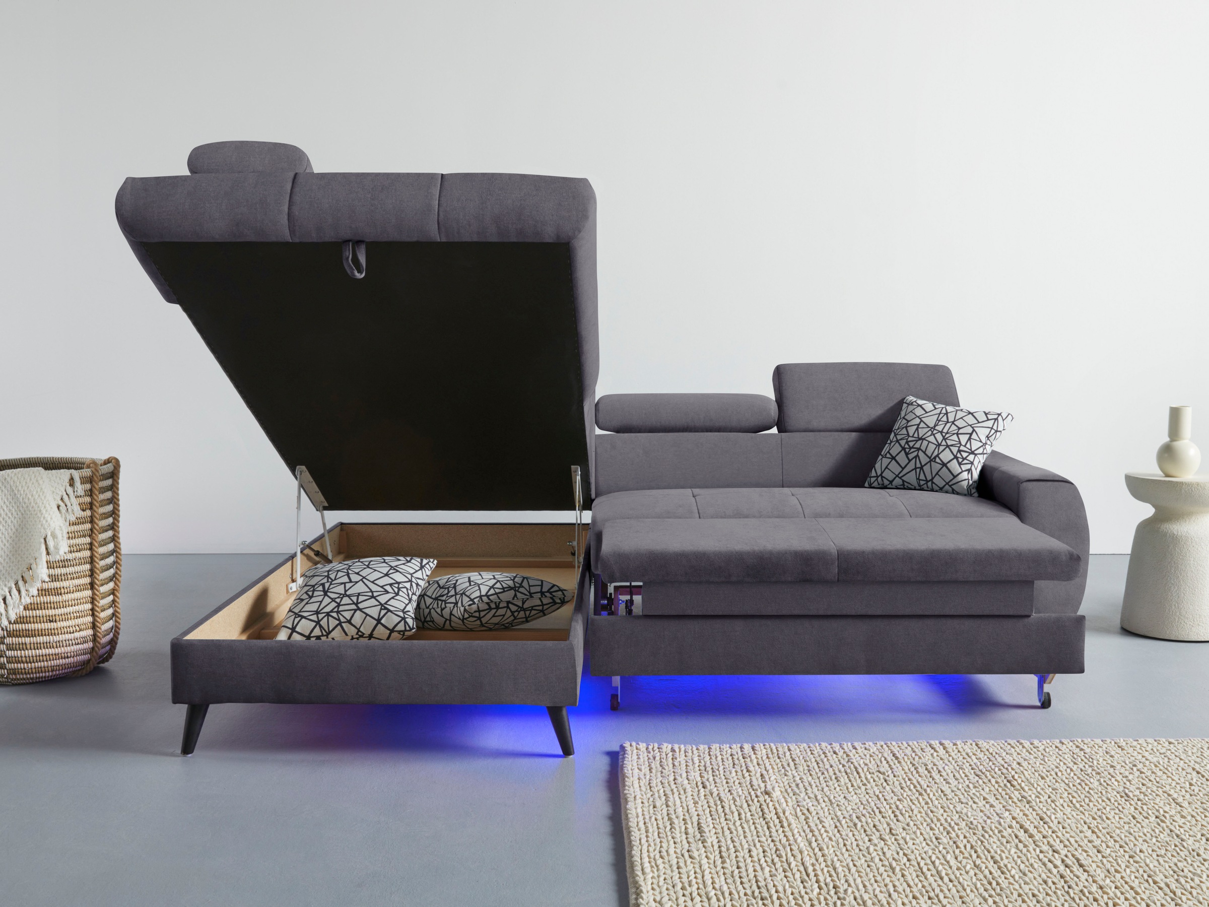 COTTA Ecksofa »Mia L-Form mit 3 Zierkissen«, wahlweise mit Bettfunktion, Bettkasten, Beleuchtung & Wireless-Charger