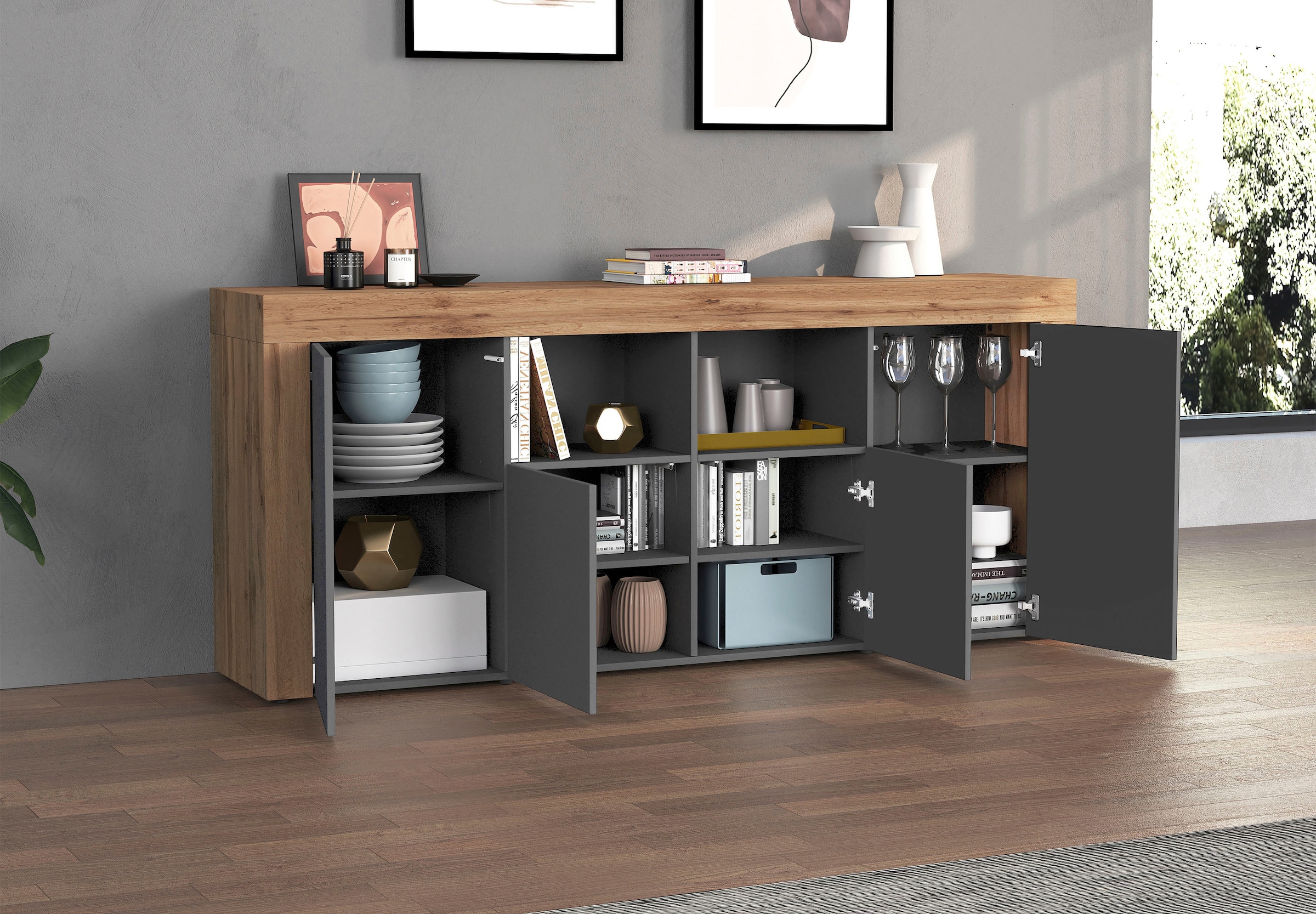 INOSIGN Sideboard »CHRONOS Breite 200 cm mit 4 Türen, 2 offene und 8 geschlossene Fächer«, (1 St.), Sideboard,Kommode, Schrank, Grifflos mit Push to Open, Made in Italy