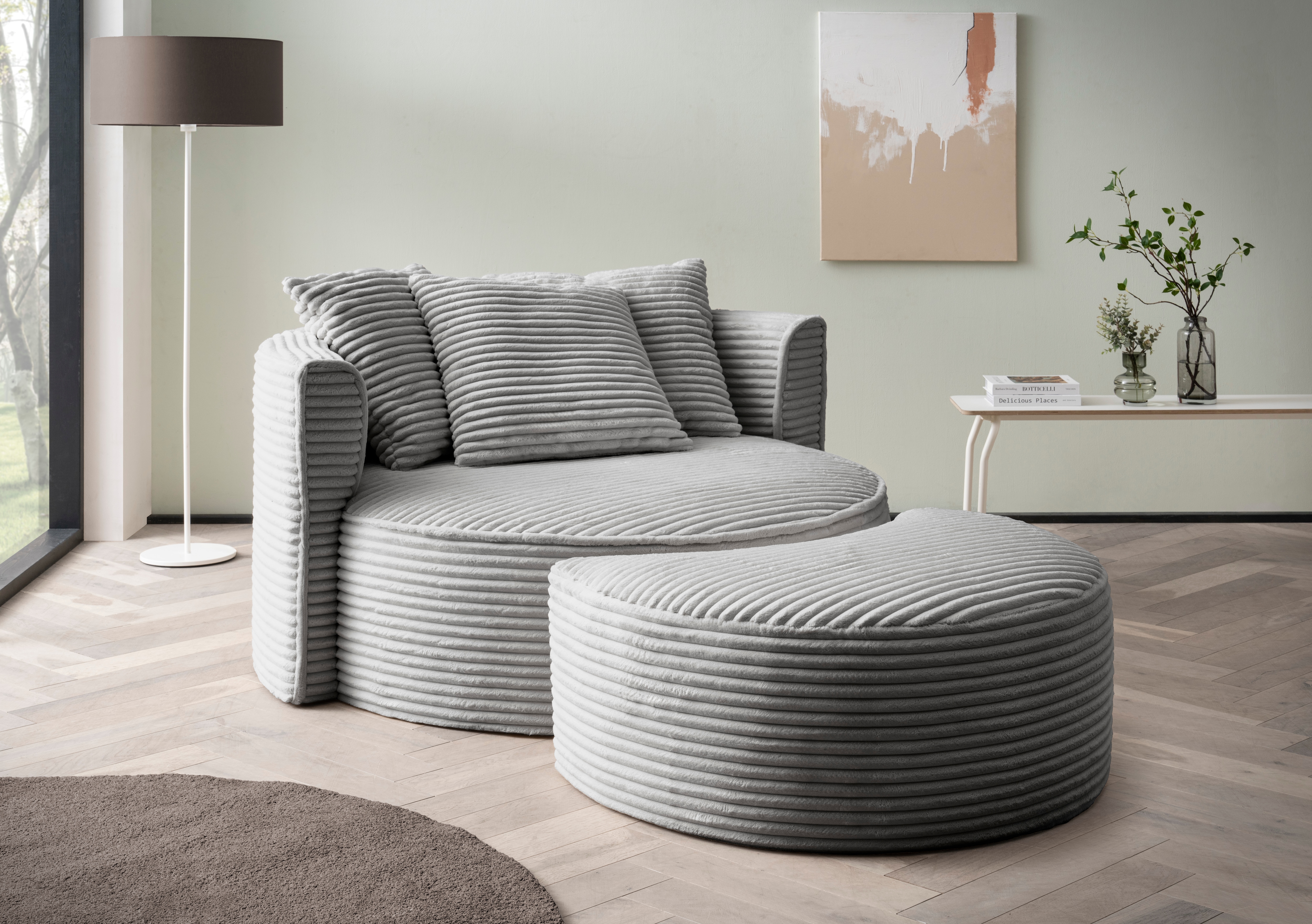 LeGer Home by Lena Gercke XXL-Sessel "ISALIE Cord, Rundsessel mit Hocker, Lesesessel, Loveseat, Big-Sessel" Set, trendige Bezugsstoffe, 3 Zierkissen, große Sitzfläche