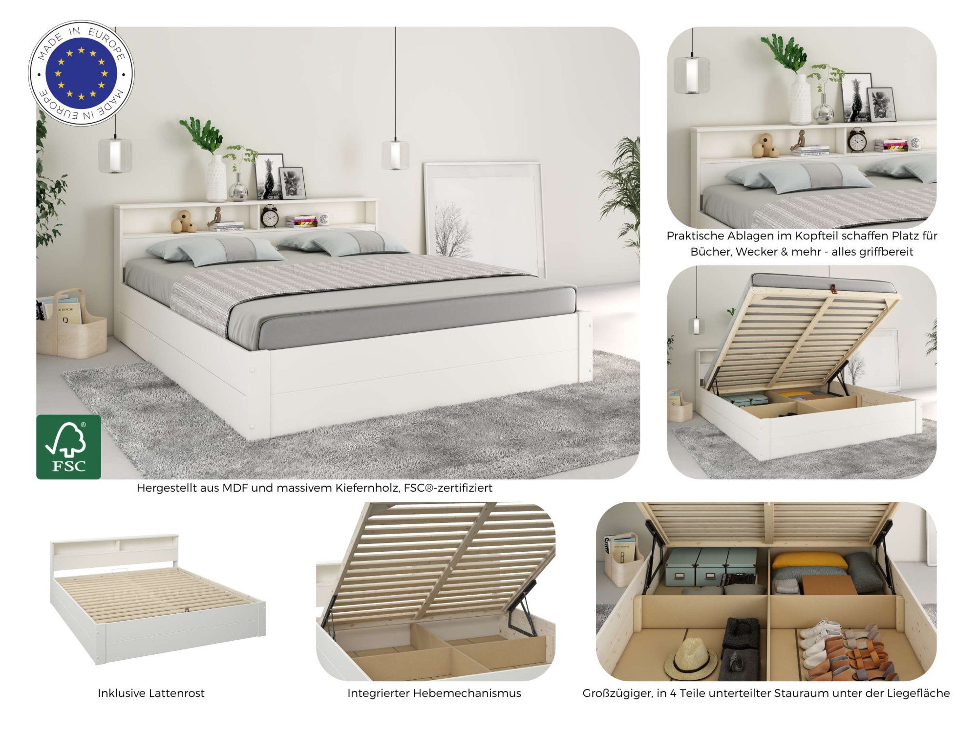 Home affaire Stauraumbett »MAREILLES«, (140x200cm und 180x200cm), Massivholz, Hebemechanismus, Stauraum im Kopfteil und unter dem Bett