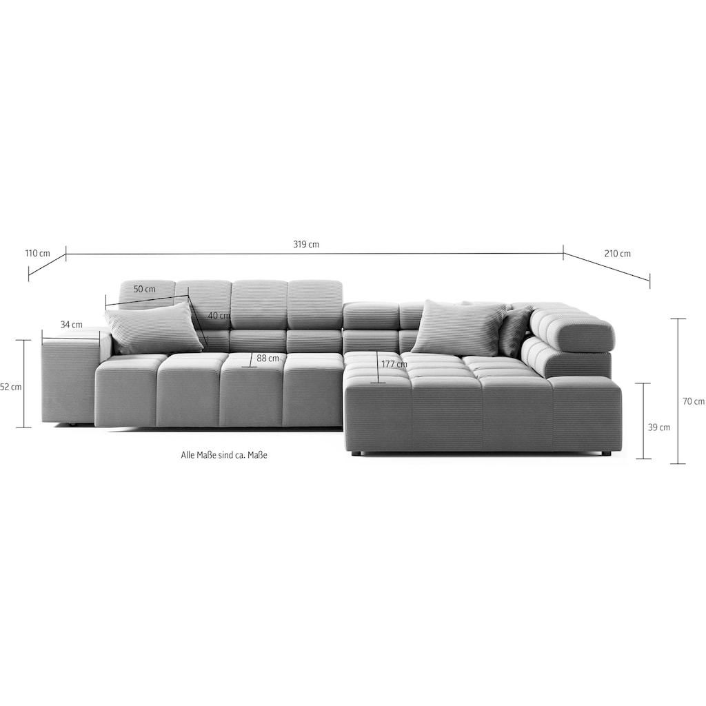 INOSIGN Ecksofa »Ancona incl. Kopfteilverstellung, Zierkissen Breite 319cm, L-Form«