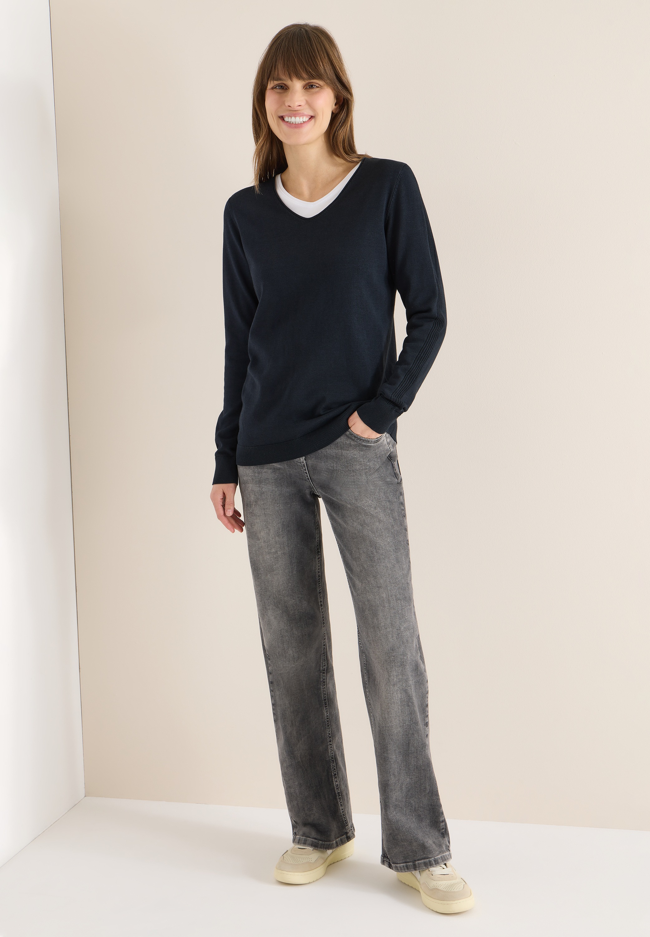 Strickpullover CECIL, Damen, Gr. XS (36), universal blau, Web, 60% Baumwolle, 40% Viskose, unifarben, comfort fit normal, V-Ausschnitt, Rippbündchen, Pullover Strickpullover, im soften Baumwoll-Mix 6