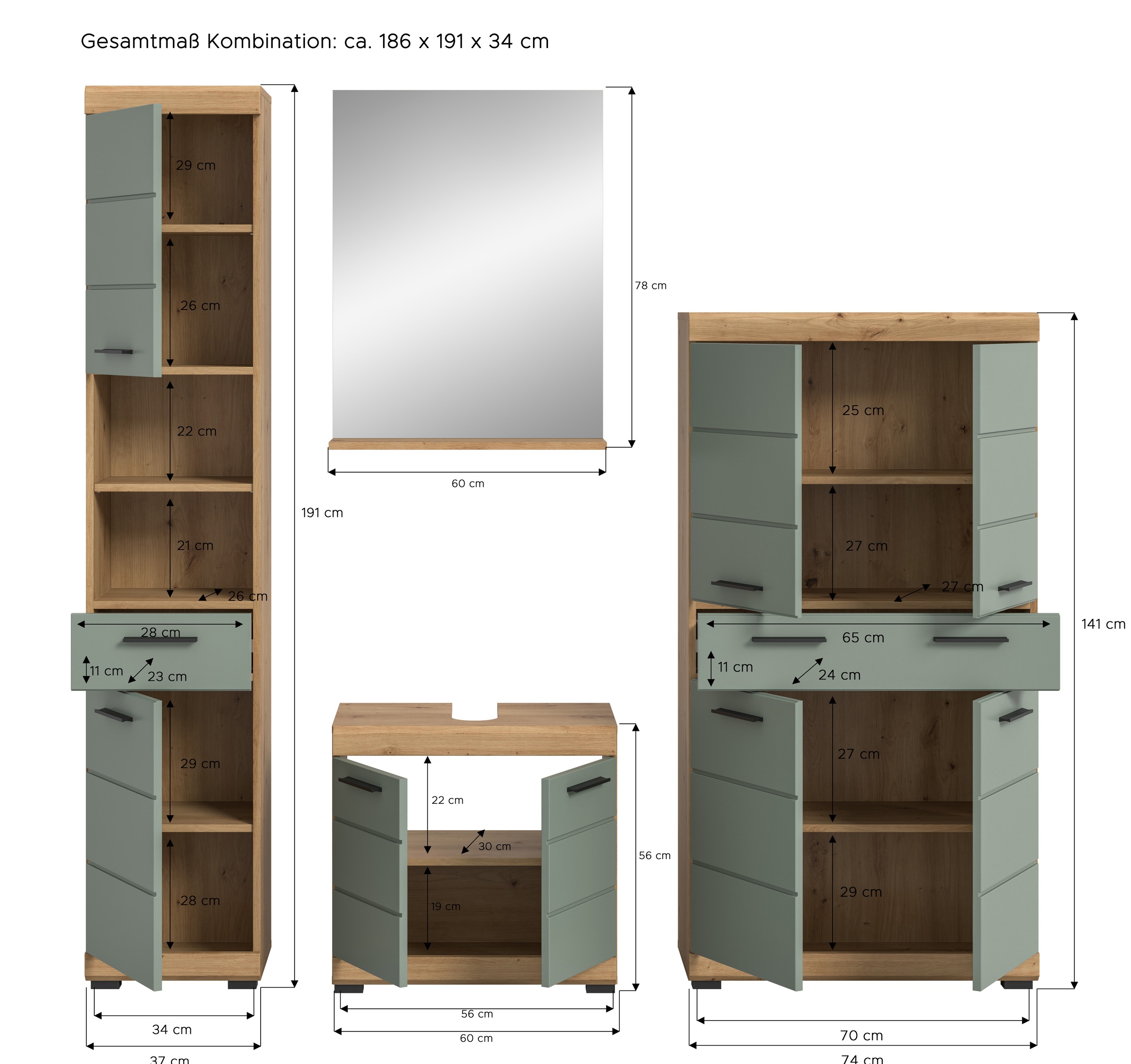 INOSIGN Badmöbel-Set »Siena, 4 teilig, bestehend aus:«, (Set), Hochschrank, Waschbeckenunterschrank, Badspiegel, Midischrank
