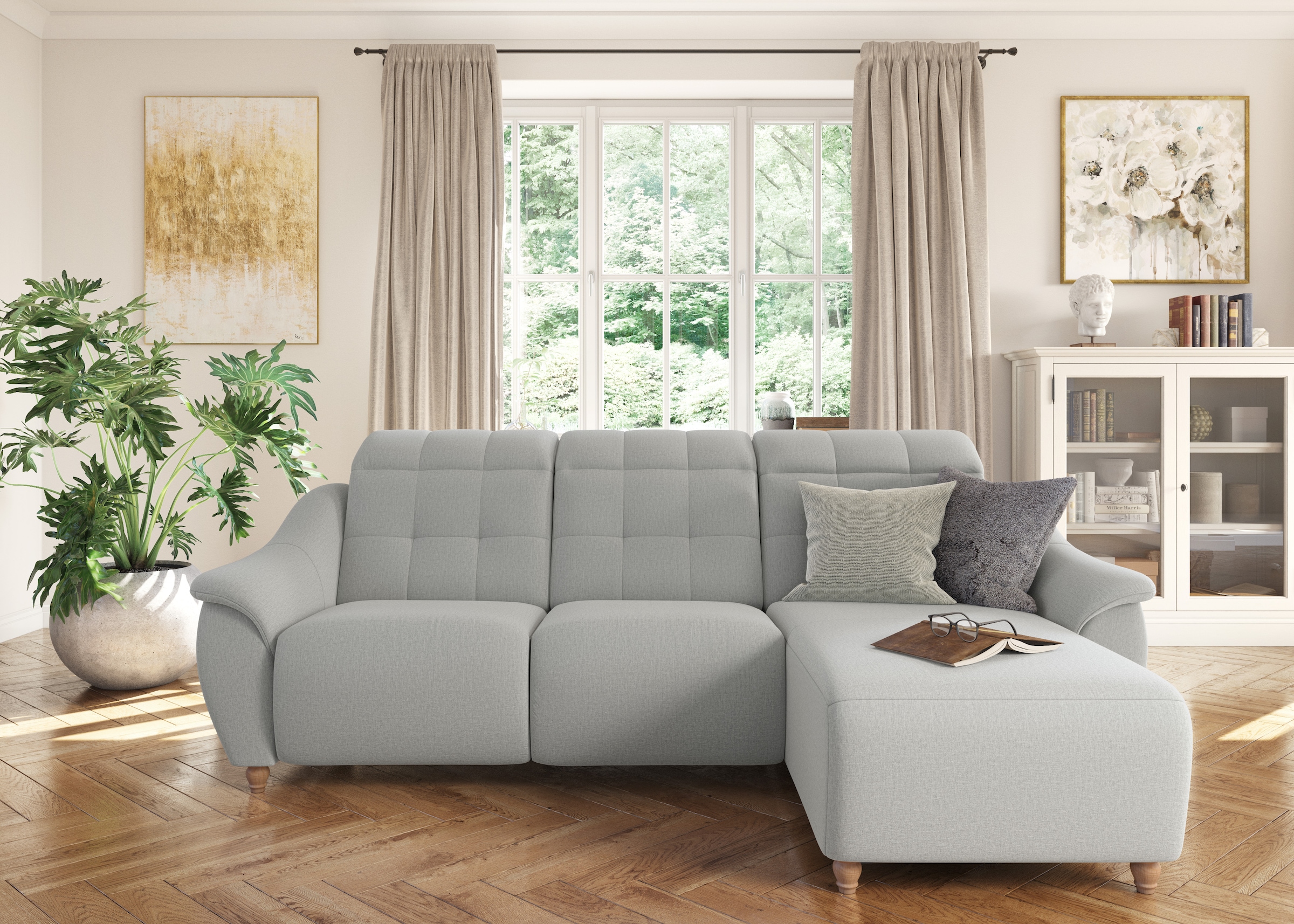 Ecksofa HOME AFFAIRE "Boston L-Form", grau (hellgrau), B:254cm T:170cm, Struktur (100% Polyester);Luxus-Microfaser Florence (100% Polyester);Chenille (100% Polyester);NaturLEDER (reines Rindsleder), Sofas, Ecksofa, Kopfteilverstellung an jeder Sitzfläche, 10