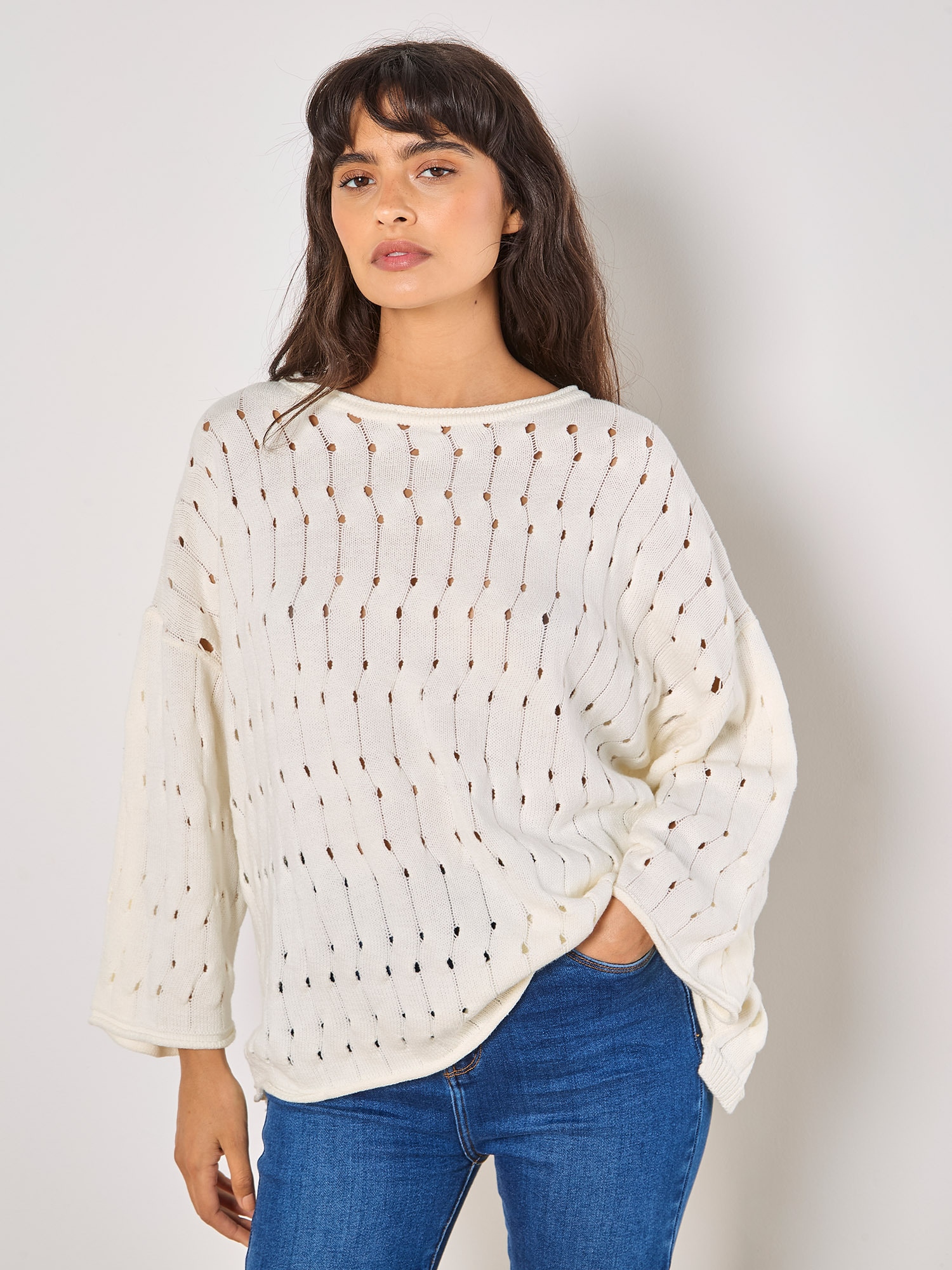 Apricot Rundhalspullover "Pointelle Pullover" mit Glockenärmeln
