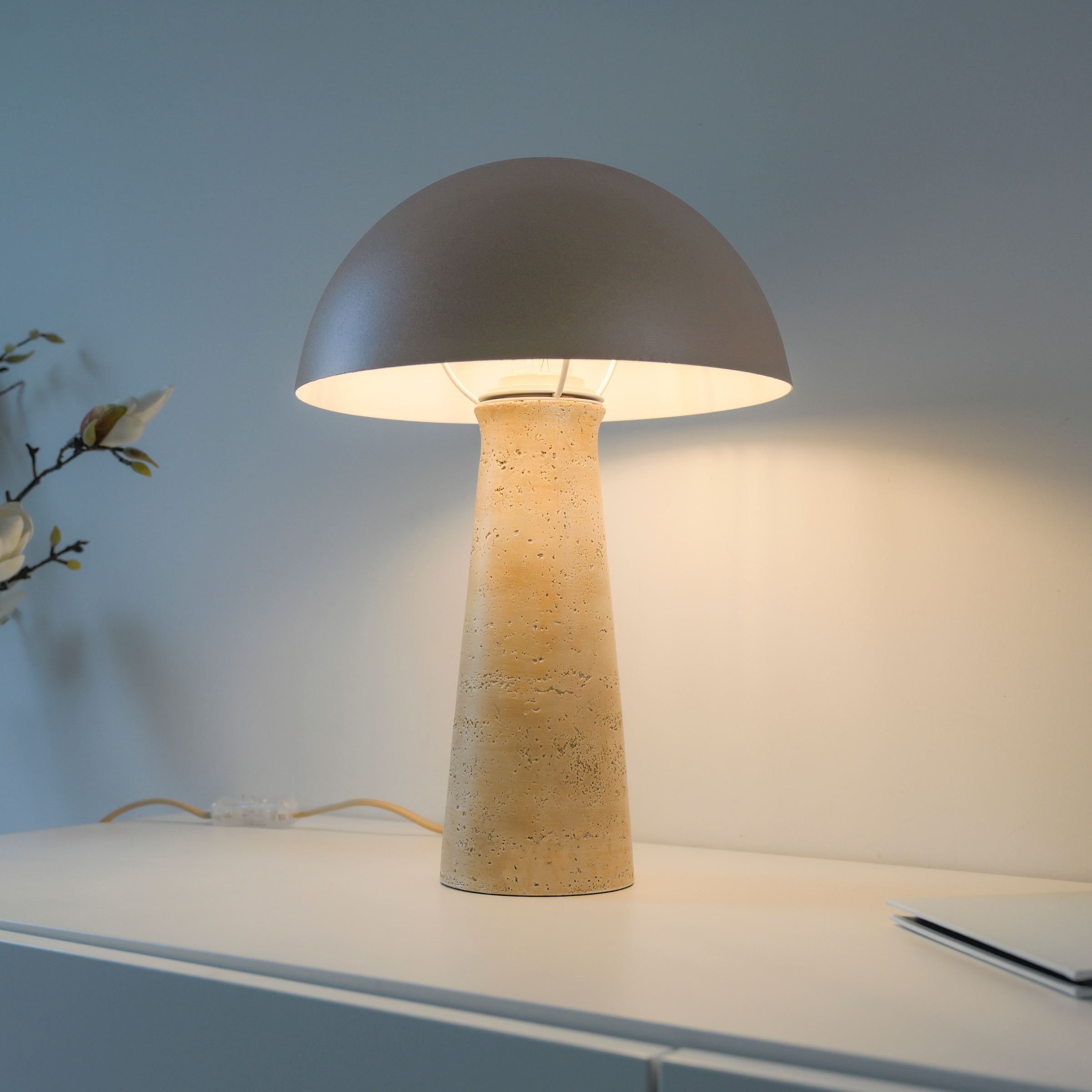 JUST LIGHT Tischleuchte »SOPPER« E27 1 Stk. exkl. Leuchtmittel, Schnurschalter,Sockel Travertinoptik,Metall-Schirm