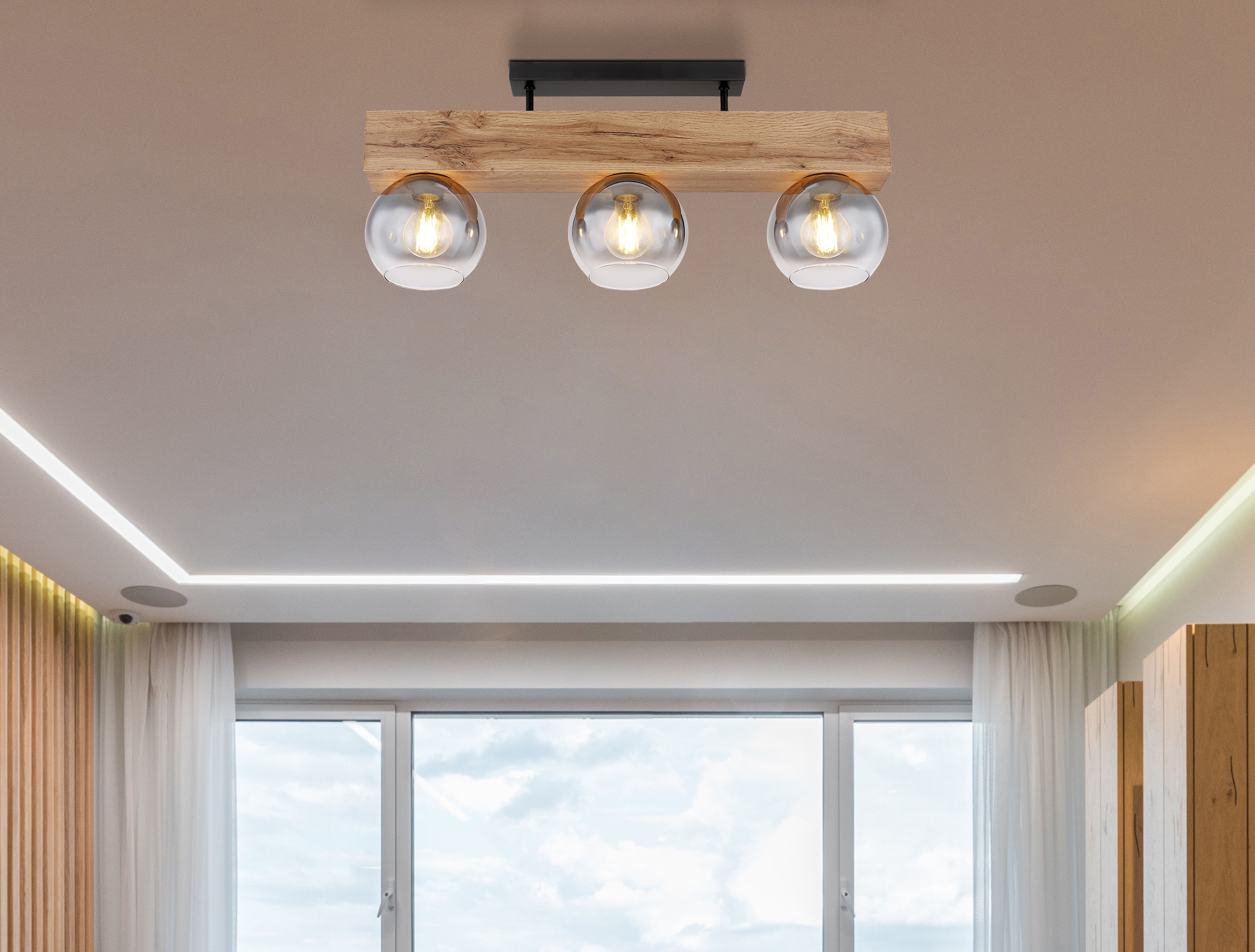 GLOBO LIGHTING Deckenleuchte »MOITAS«, Leuchtmittel E27 | ohne Leuchtmittel, Deckenlampe/Kugeln/Glas/Holz/Wohnzimmer/Glas rauchfarben