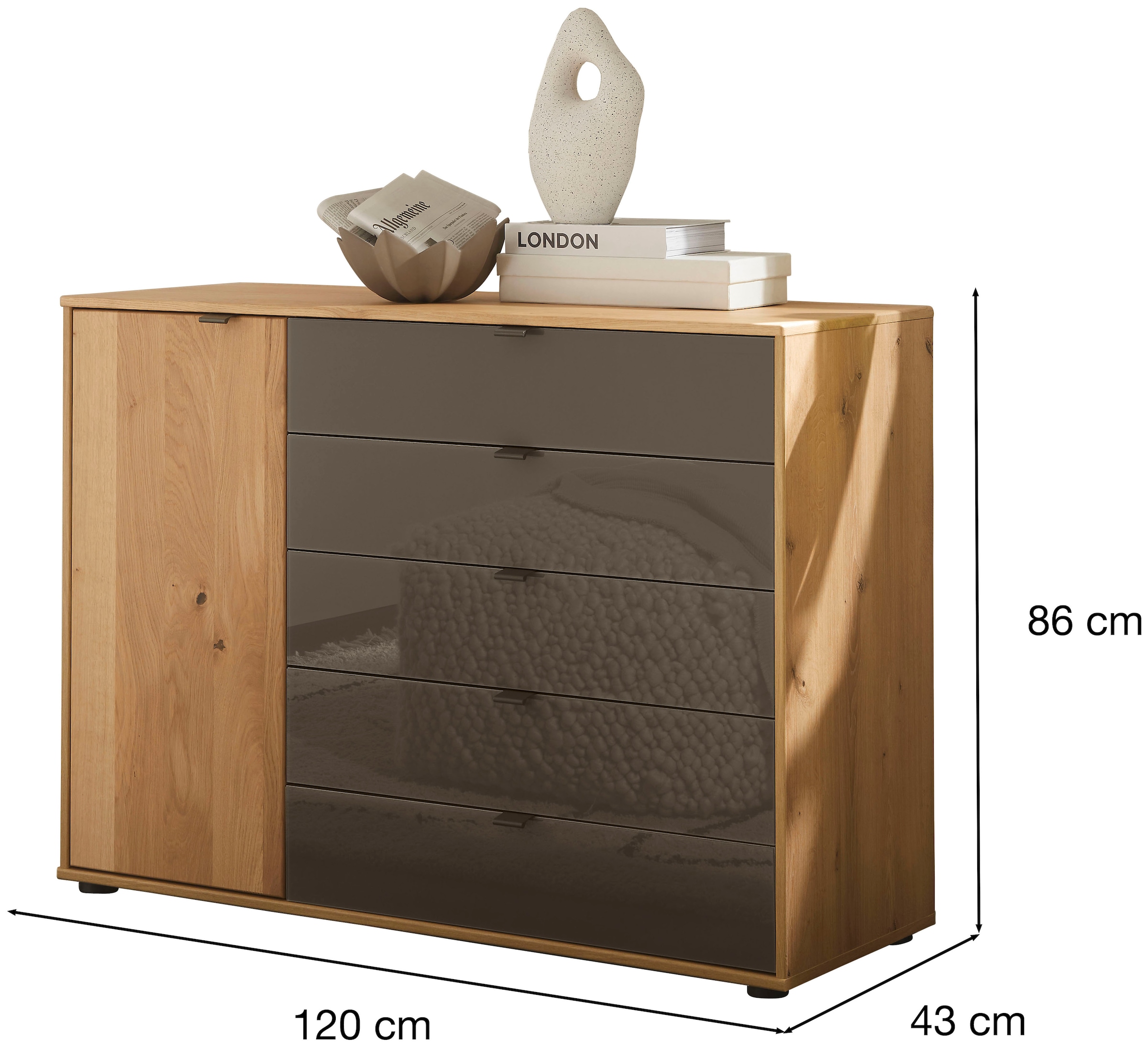 WIEMANN Kombikommode »Cardiff Sideboard, Wäscheschrank, teilmassiv Bianco-Eiche, Schubladen« Kommode 120x86x43 cm, braun, mit Dämpfung, MADE IN GERMANY,  verschiedenen Ausführungen, inklusive Einlegeboden