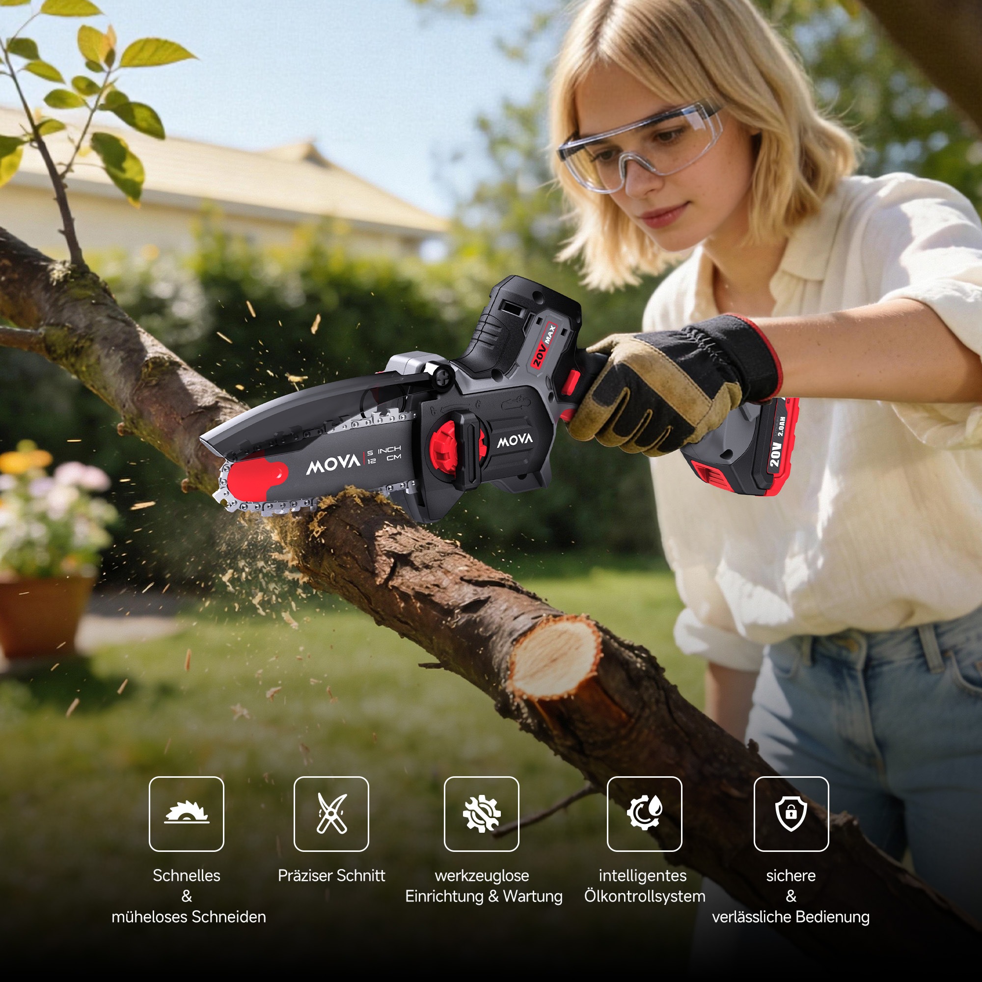 Mova Akku-Kettensäge "Akku-Astkettensäge, Brushless GC205" Inkl. 2 Ah Akku und Ladegerät