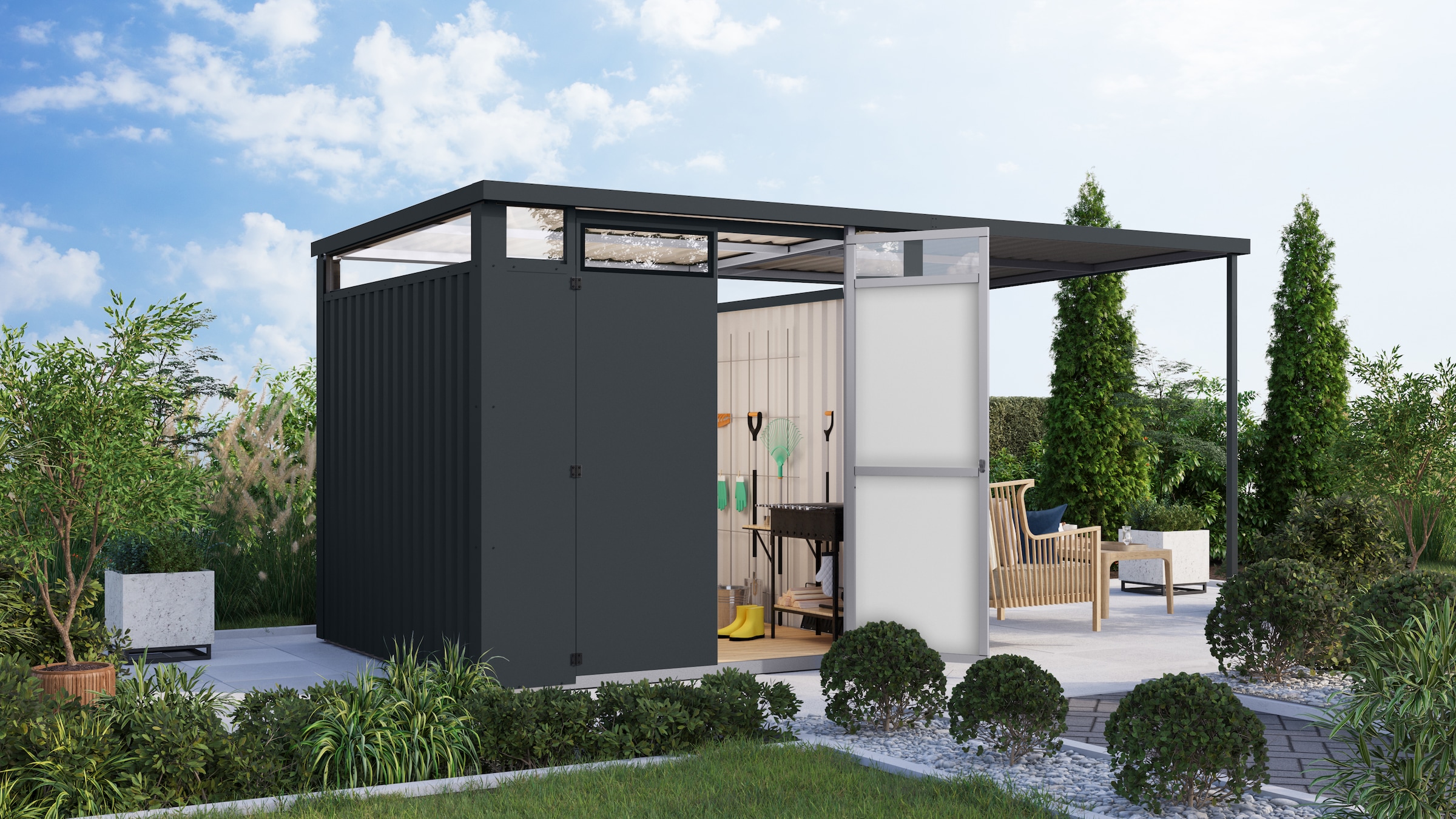 Karibu Gartenhaus ""Østen 2" SET mit Anbaudach 2,25 m" pulverbeschichtetes günstig online kaufen