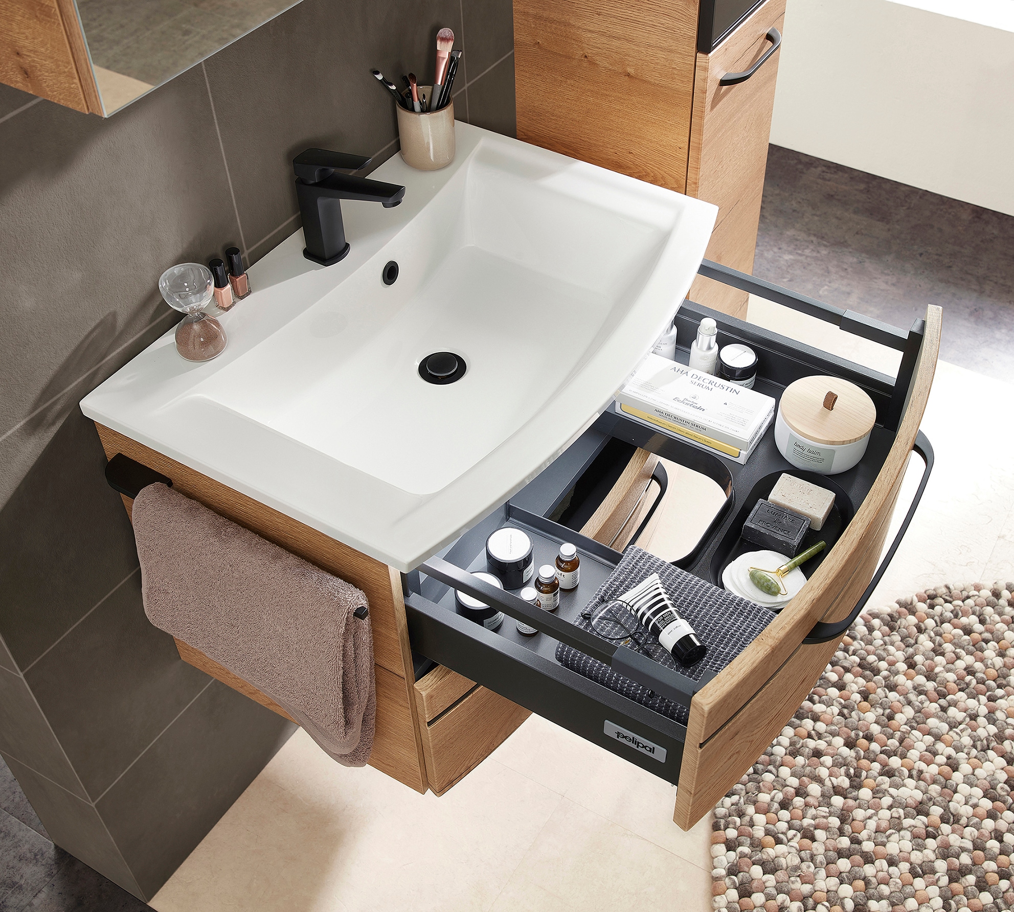 Saphir Waschtisch »Serie 7045 Mineralmarmor-Waschtisch und Unterschrank, 71,5 cm breit«, Waschplatz mit 2 Schubladen, Badmöbel Set mit Waschtisch