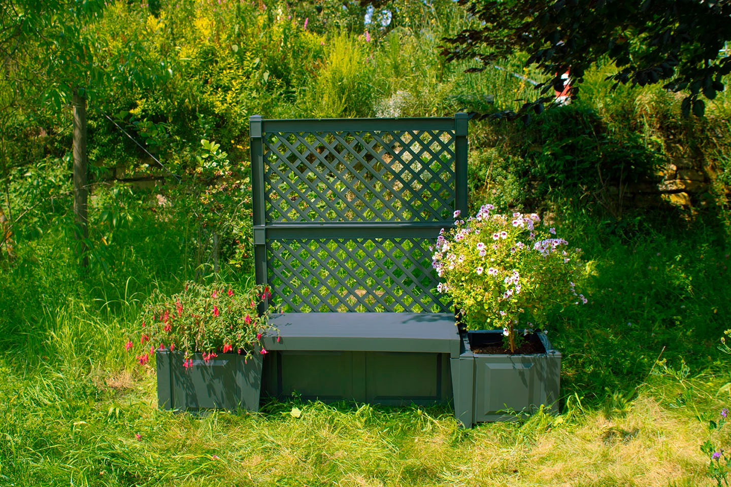 Gartenbank KHW "Kopenhagen", grau (anthrazit), B:174cm H:139cm T:49cm, Sitzbänke, Gartenbank, mit Spalier und zwei Pflanzkästen, anthrazit 2