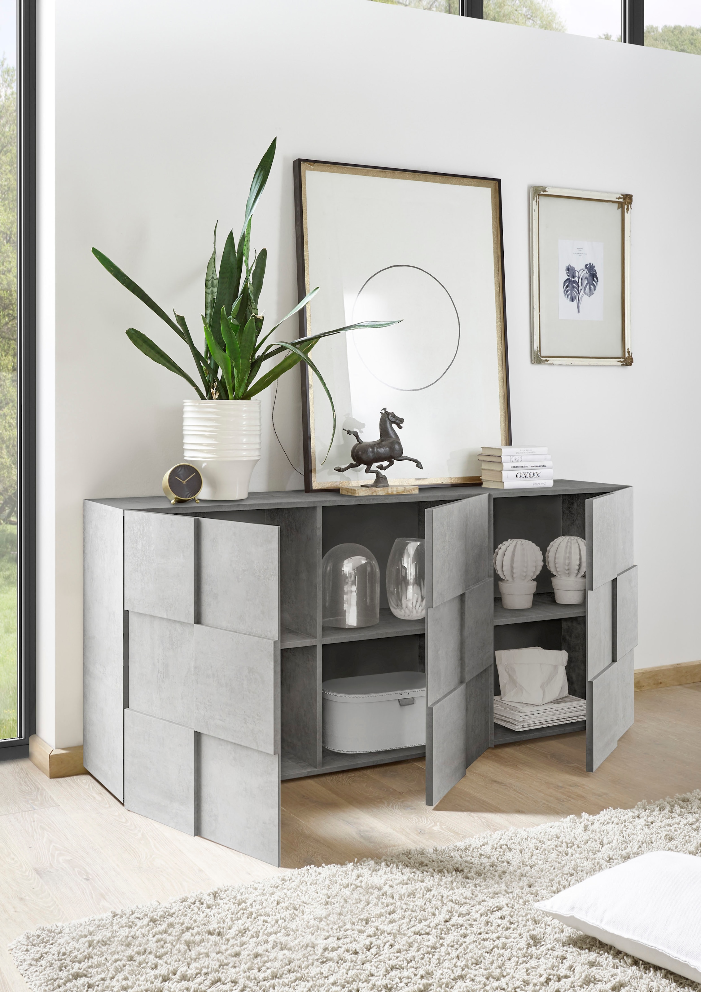 INOSIGN Sideboard »Dama Breite 181, Kommode 3 Türen, Anrichte«, Front in 3D-Optik, viel Stauraum, verschiedene Farben