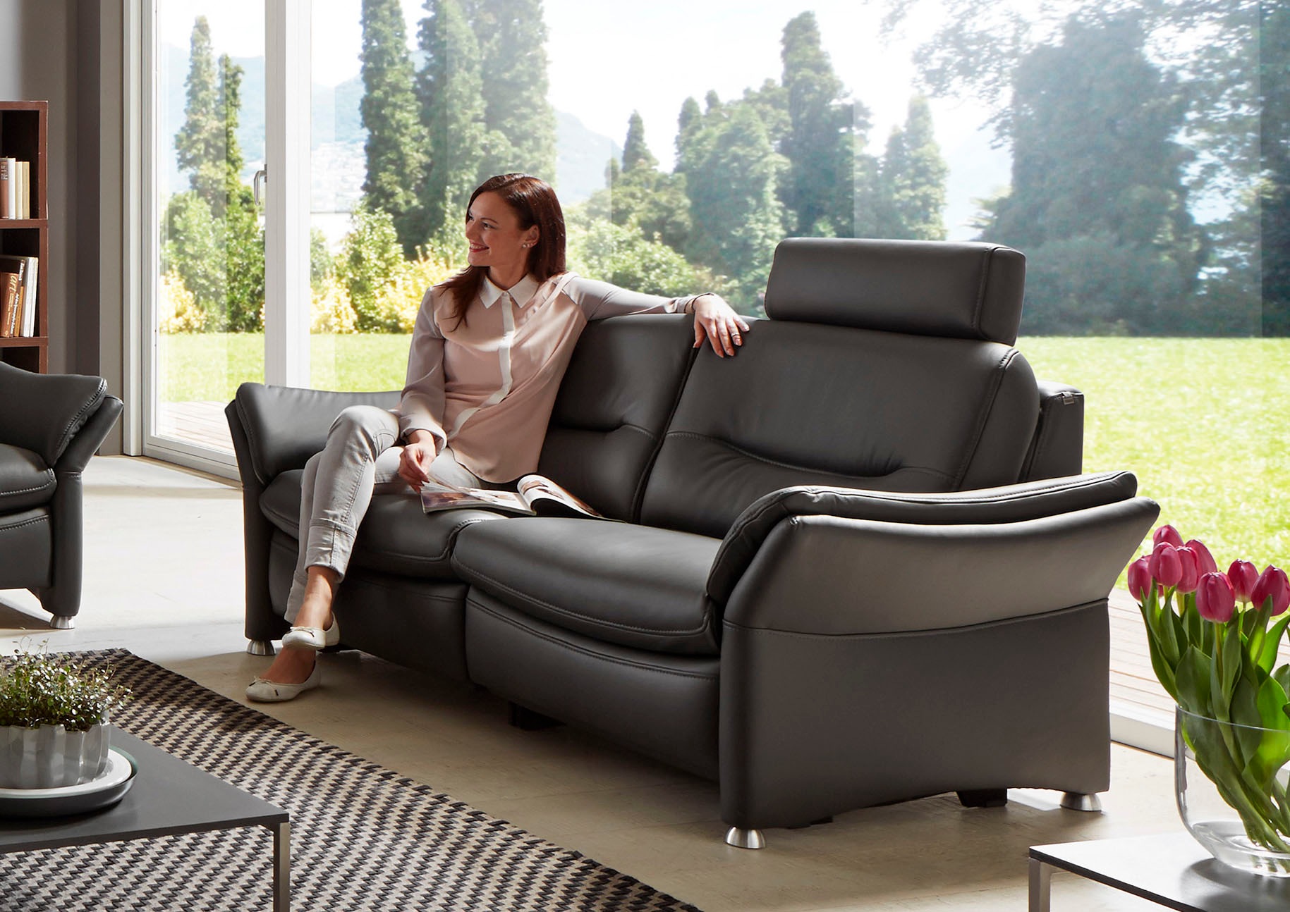 HUKLA 2,5-Sitzer »HU-SF15058 Ledersofa, Breite 194 cm«, aus Leder, optional Kopfstütze u. WallAway-Funktion