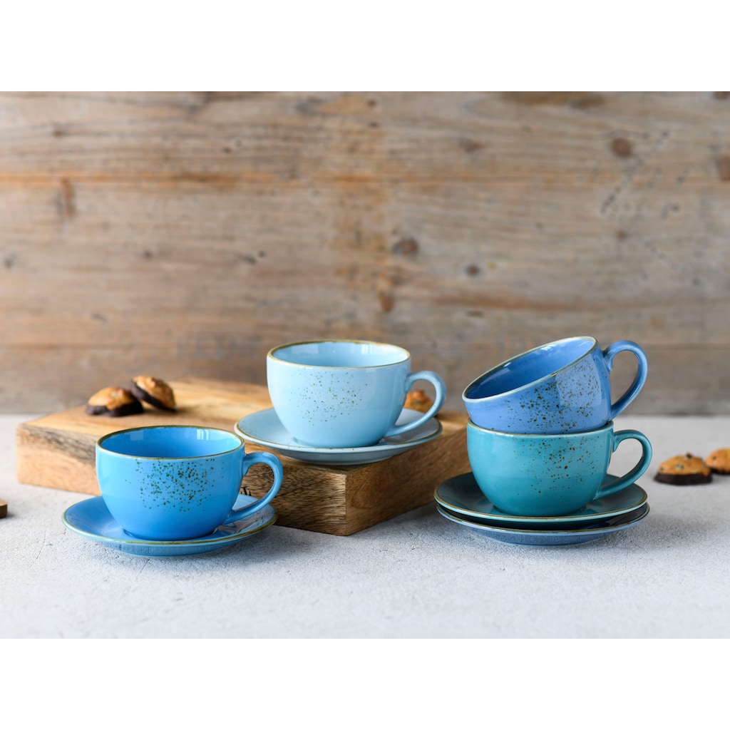 CreaTable Cappuccinotasse »Kaffeetasse NATURE COLLECTION Aqua«, (Set, 8 tlg.), Tassen Set, aktuelle Blautöne mit Sprenkel, 4 Tassen, 4 Untertassen