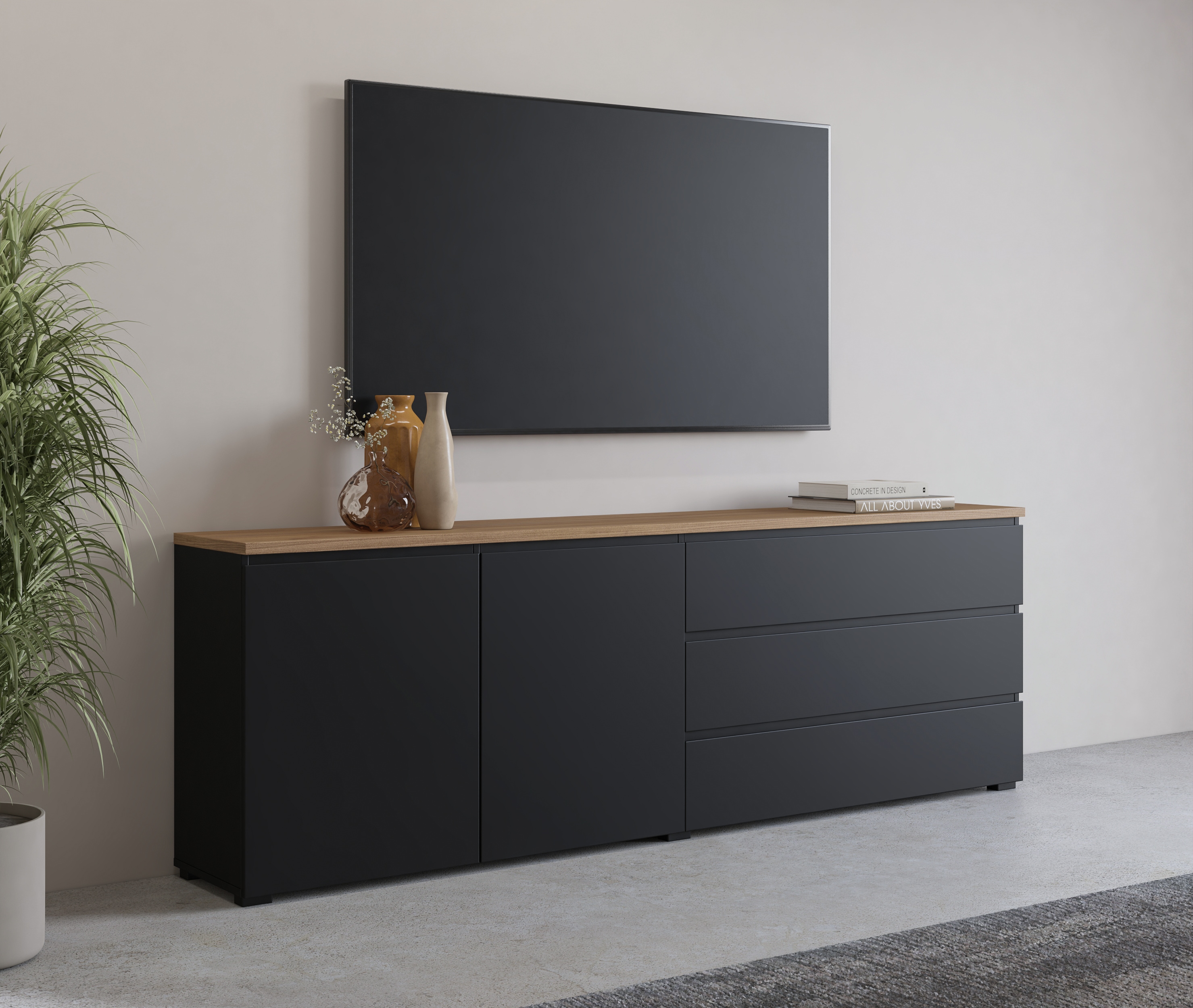 OTTO home Sideboard "Modo, Breite 200 cm, moderne grifflose Kommode 2Türen/3 SK" Schubladenkommode mit viel Stauraum, Einlegeböden verstellbar