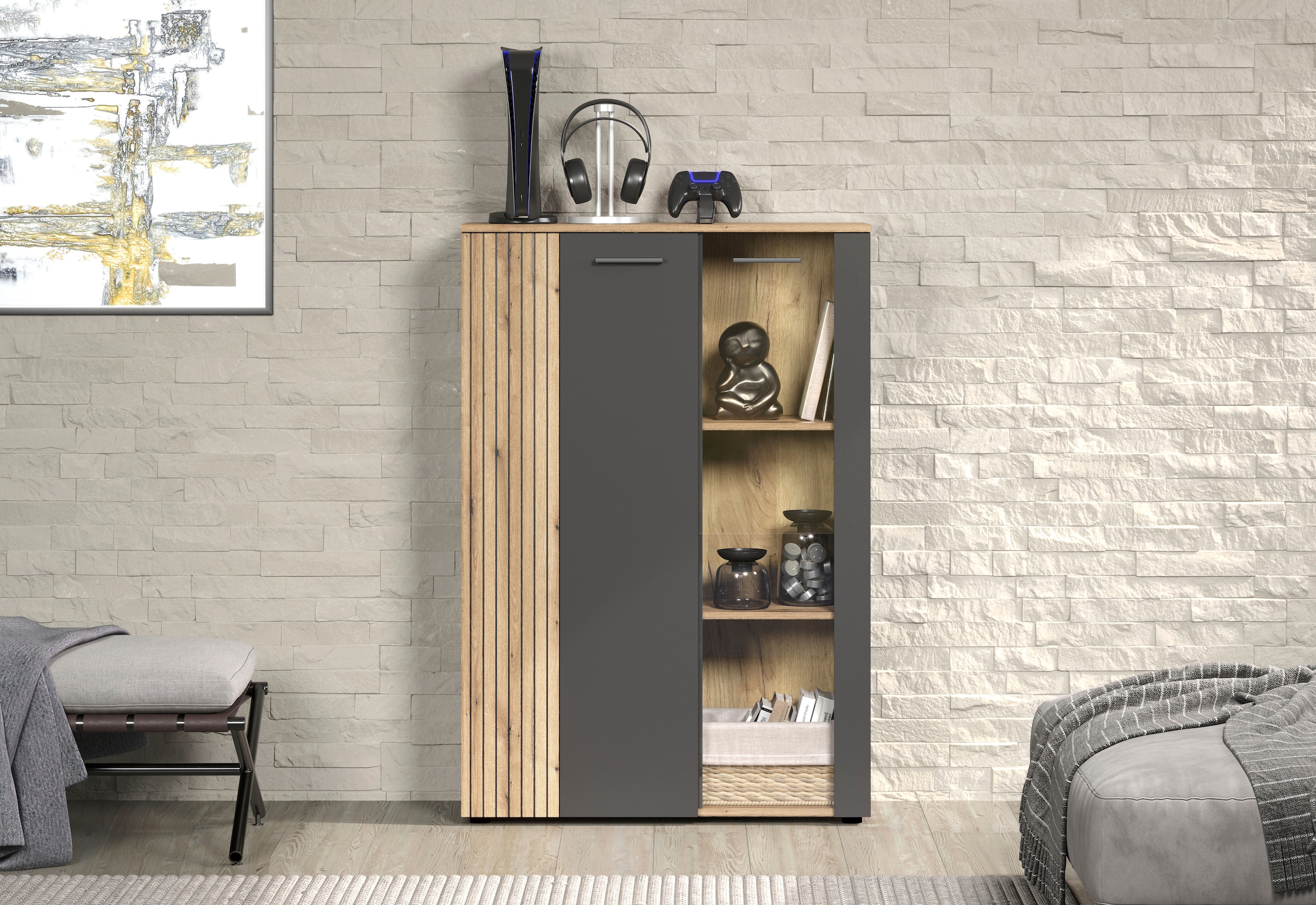 Home affaire Highboard »Estepona« 1 Stk. tlg. Vitrine, Tür mit Rillen-Optik, Breite 91 cm