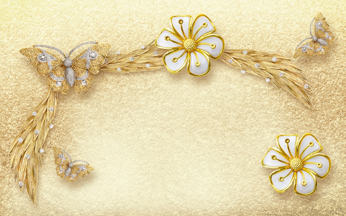 Papermoon Fototapete "Muster Blumen gold weiß"