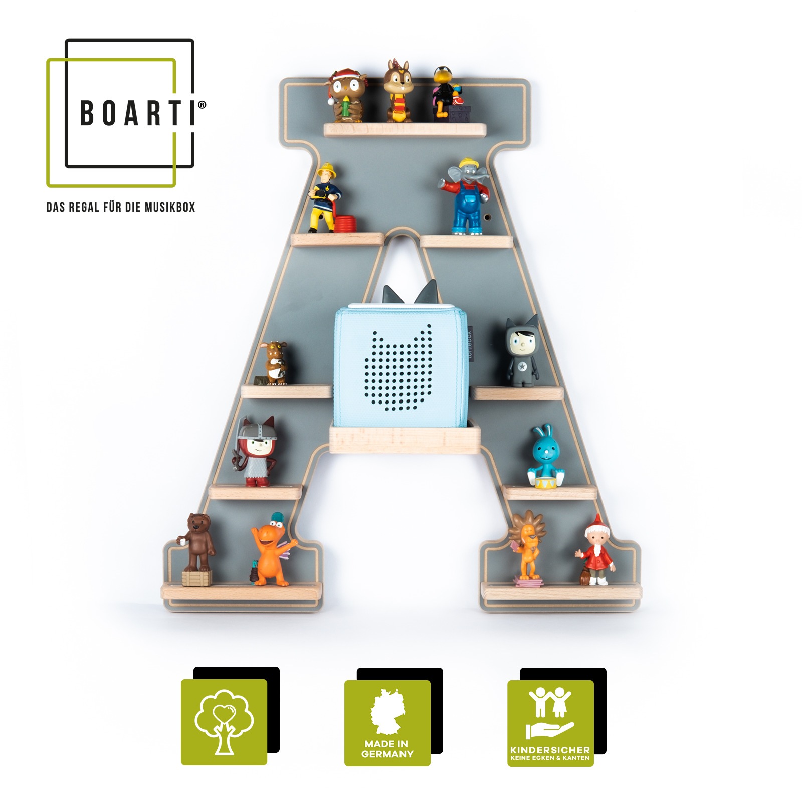 Boarti Wandregal »BOARTI Kinderregal hängend | platzsparendes Regal | Maße: H. 54 x B. 49 x T. 19 cm | stabiles Tonieregal für Toniebox und Tonie Aufbewahrung mit Magneteinsätzen | Aufbewahrungsregal | Tonieregal - Buchstabe A«