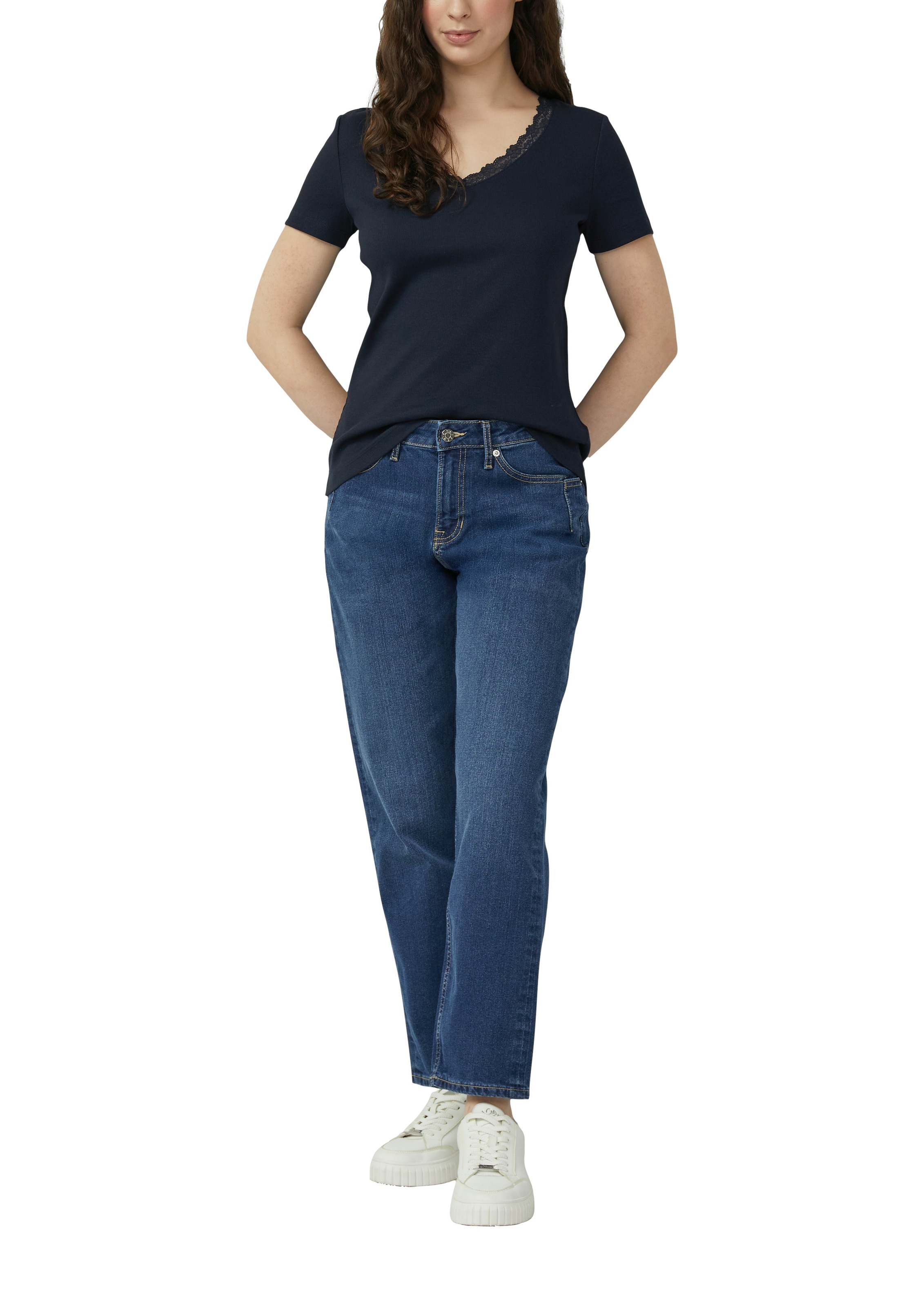 s.Oliver Kurzarmshirt mit V-Ausschnitt und Spitze günstig online kaufen