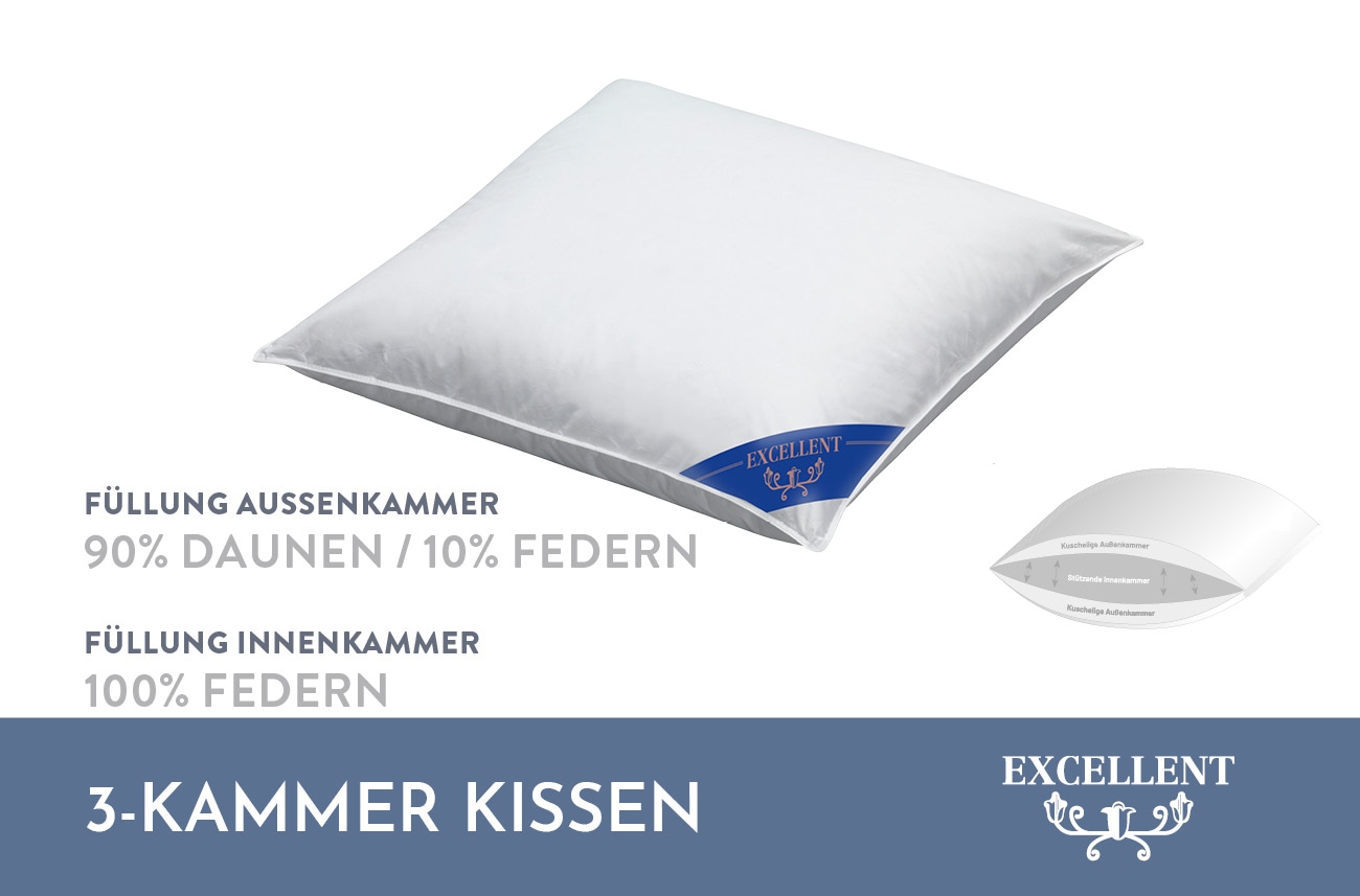 Excellent 3-Kammer-Kopfkissen »Zürich, Kissen ist made in Germany«, Füllung: 90% Daunen, 10% Federn Außenkammern, Bezug: 100% Baumwolle, (1 St.), Kopfkissen 40x80, 80x80 cm, flauschig & allergikerfreundlich