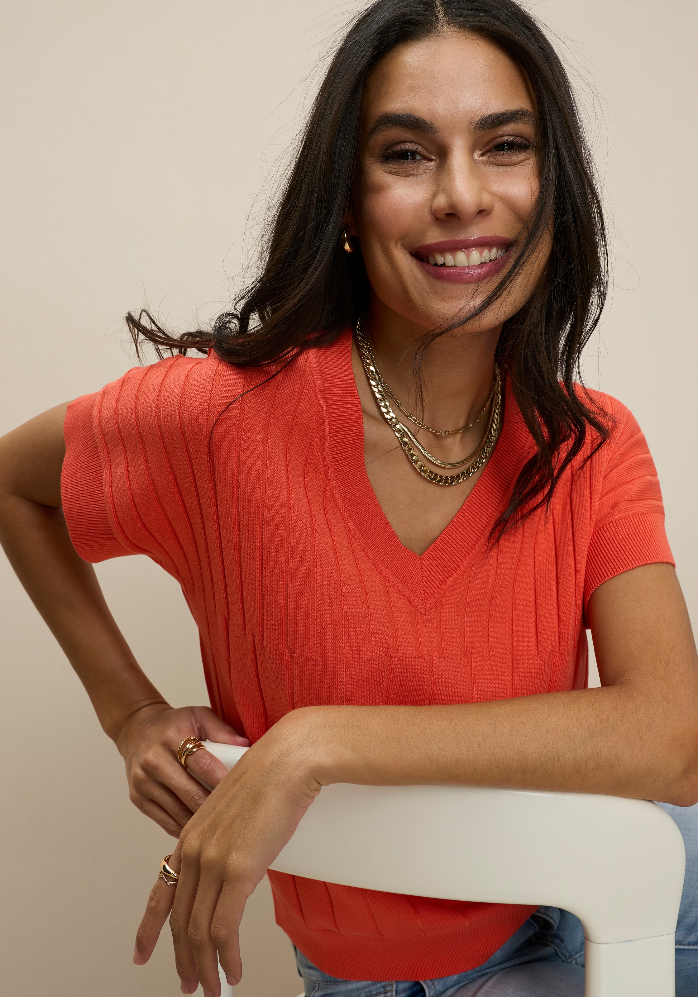 Thumbnail - Tamaris Kurzarmpullover mit Streifenstruktur und lässigem Schnitt